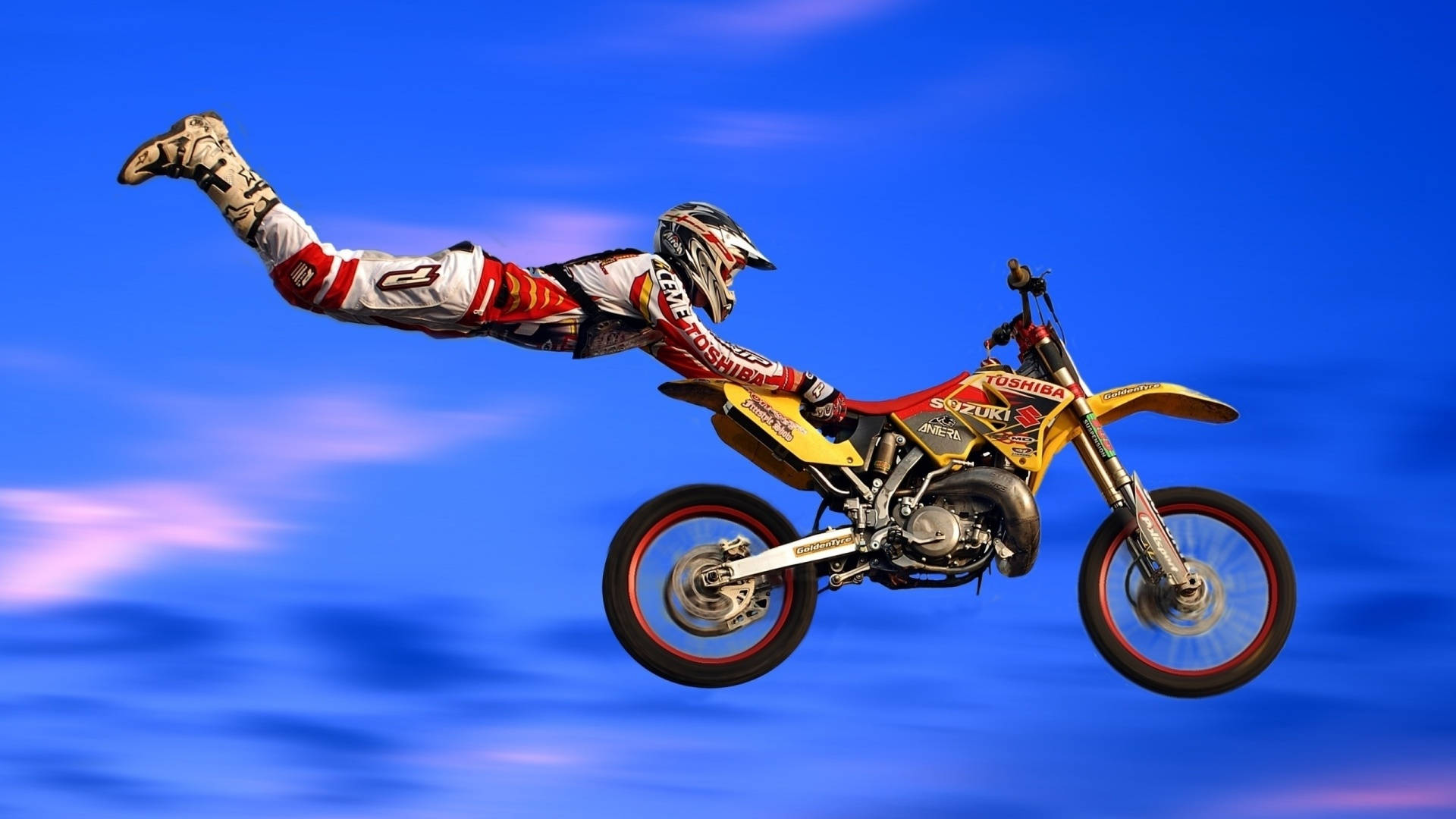 Fox Racing, dirt bike, yellow Suzuki dirt bike, Full HD Desktop Wallpaper