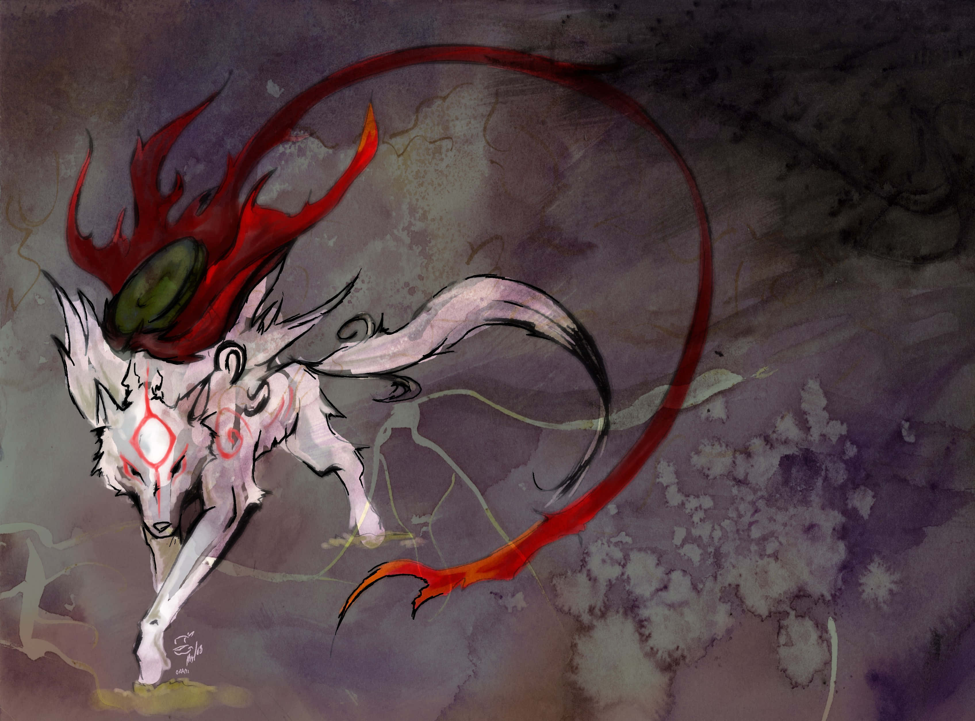 cool anime fox, white fox-like creature, red flame mane, 2K Desktop Wallpaper