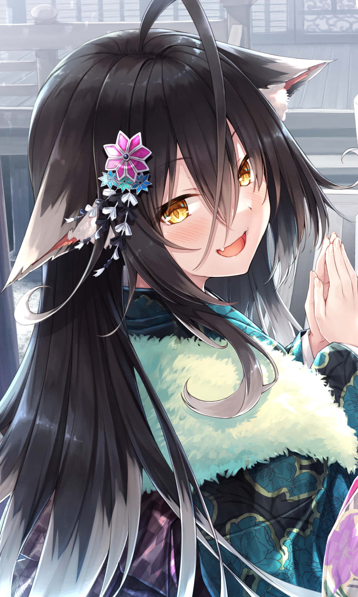 anime fox girl, floral pin, black hair, Full HD Phone Wallpaper