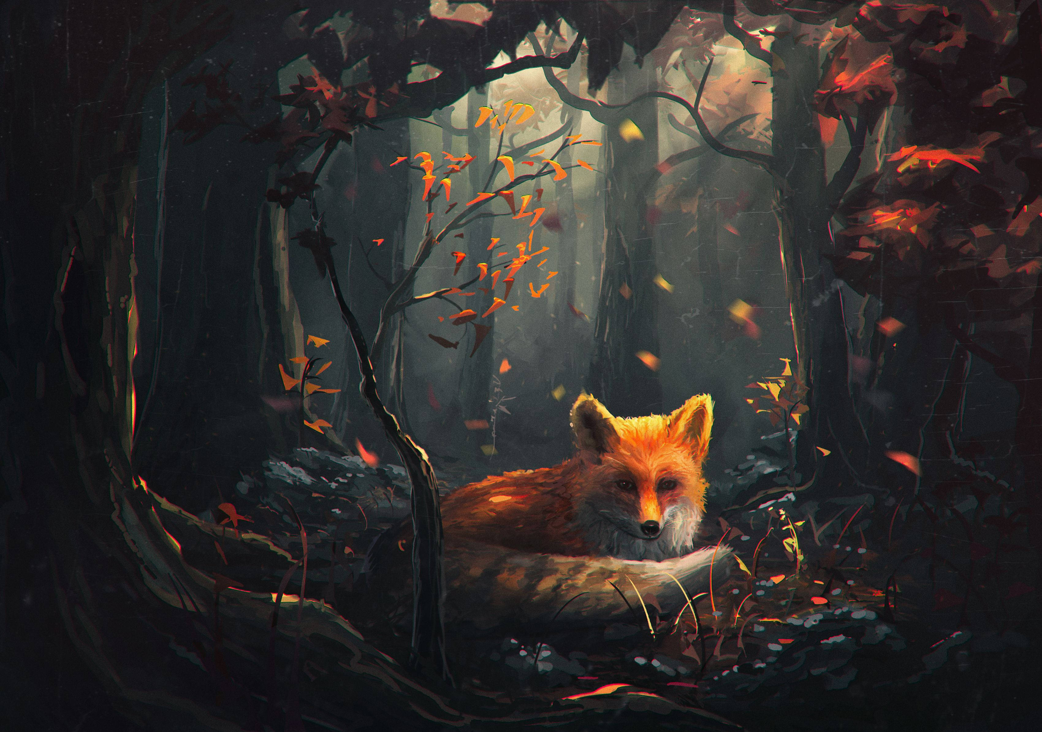 Red Fox, lush forest, misty autumn forest, 2K Desktop Wallpaper