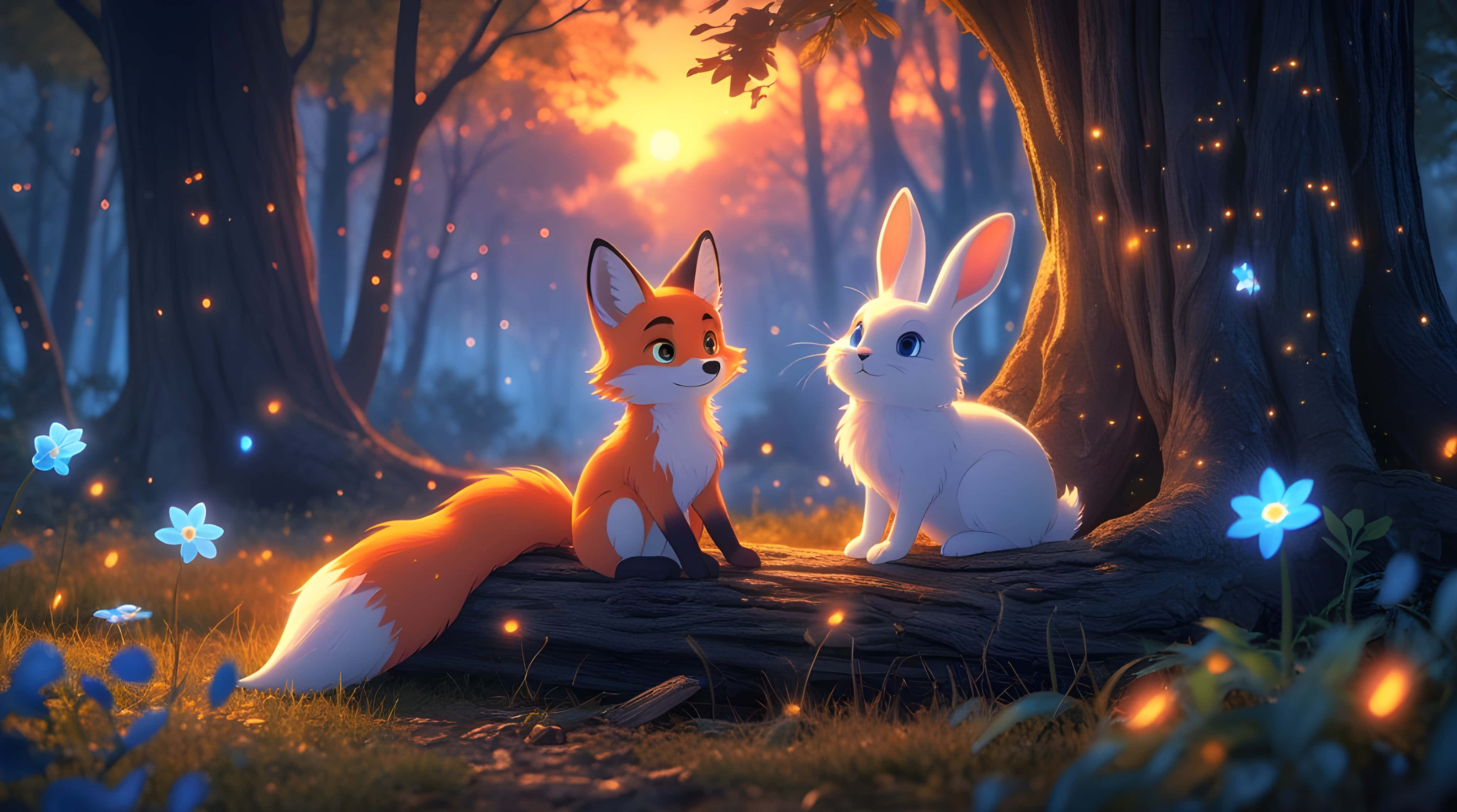 fox, rabbit, magical forest, 4K Desktop Wallpaper