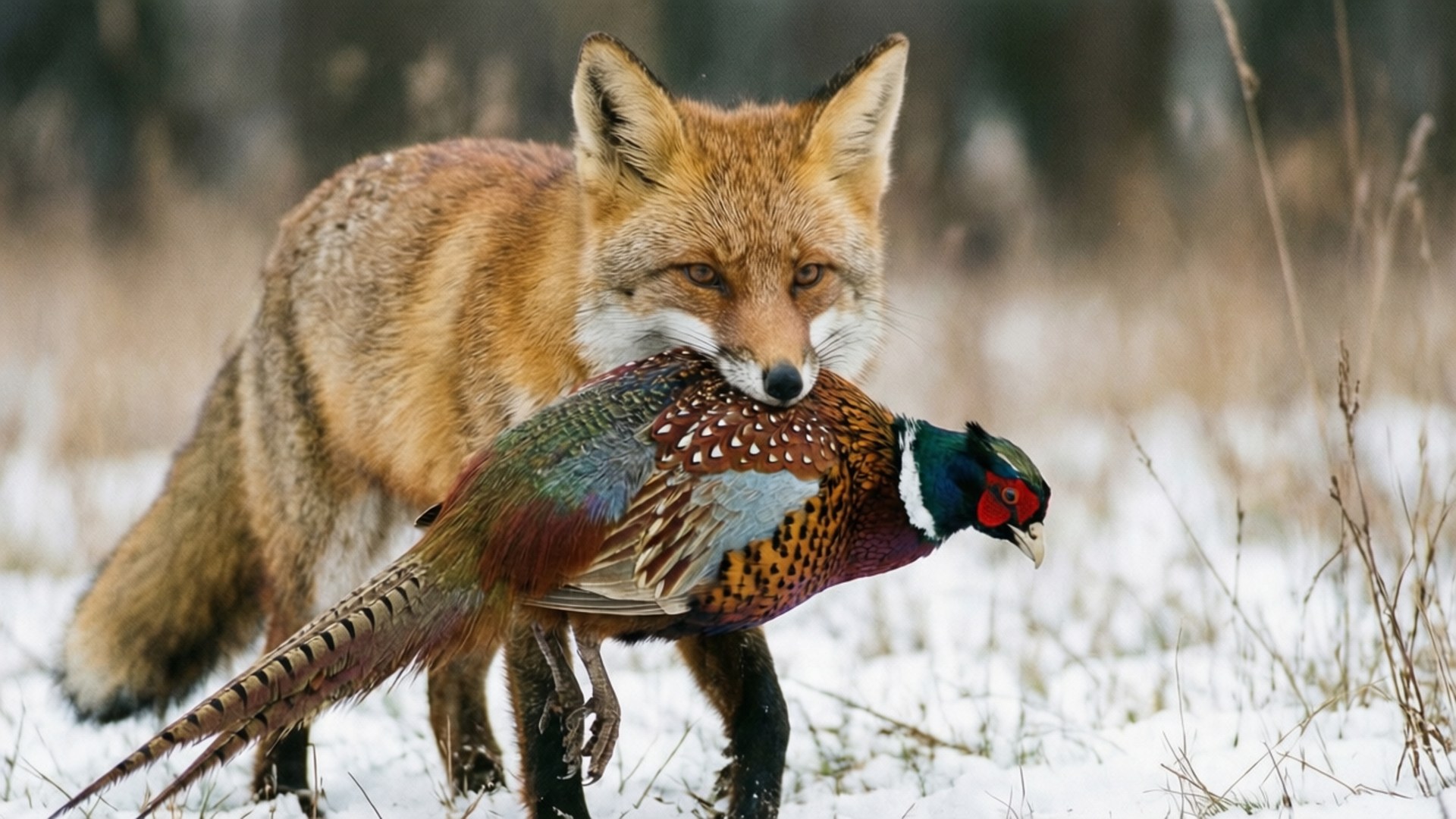 red fox, pheasant, snow, Full HD Desktop Wallpaper