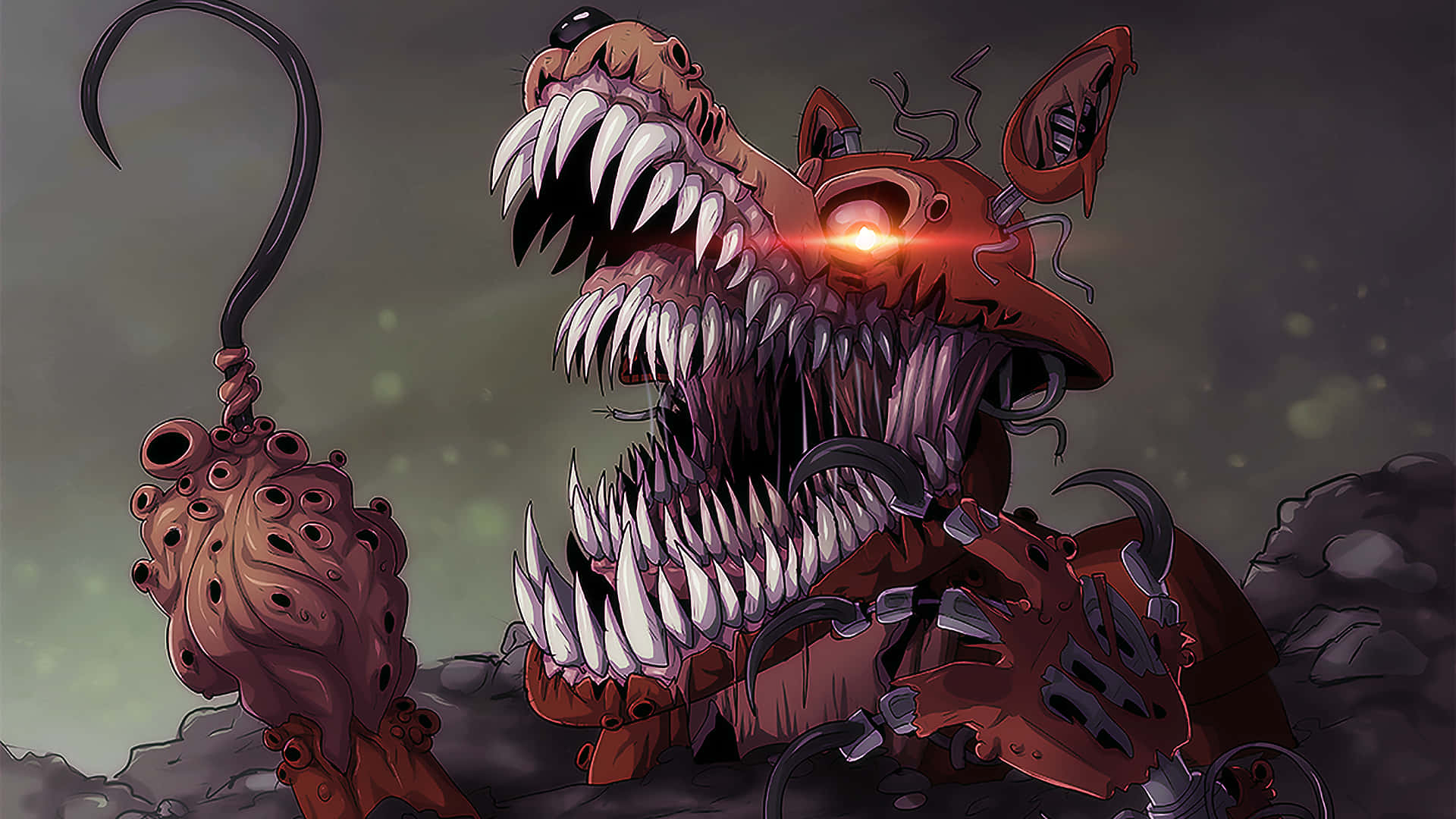 Foxy, red animatronic, glowing eyes, Full HD Desktop Wallpaper