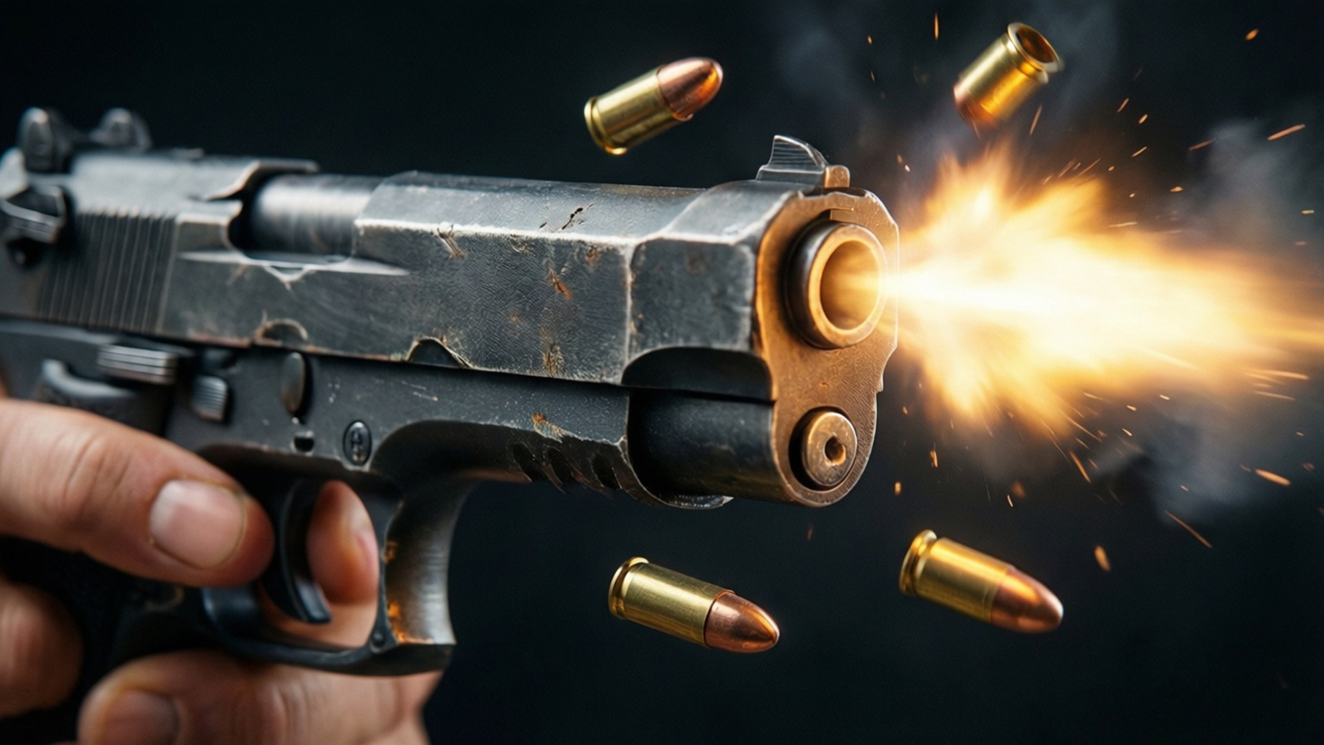handgun, muzzle flash, shell casings, Full HD Desktop Wallpaper
