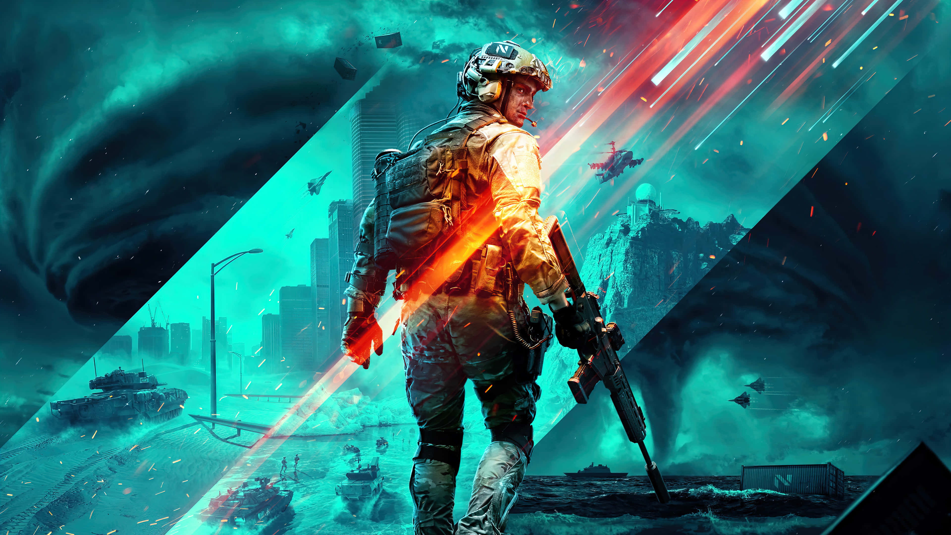 FPS, shattered cityscape, neon streaks, 4K Desktop Wallpaper
