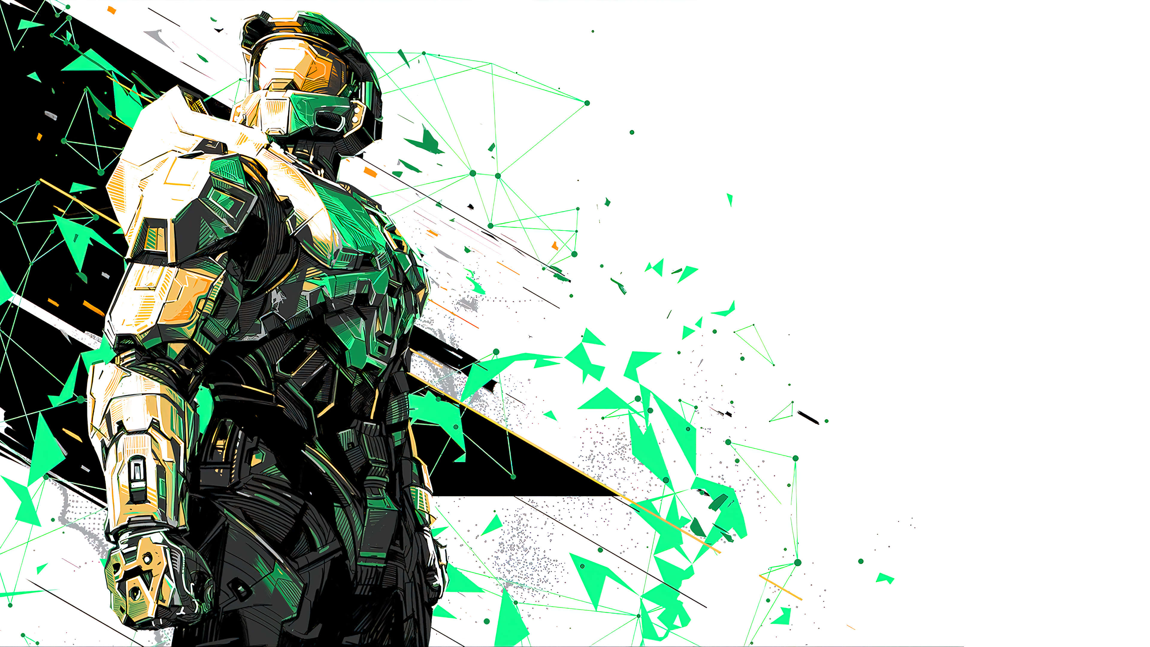 futuristic soldier, green and gold armor, geometric shards, 4K Desktop Wallpaper