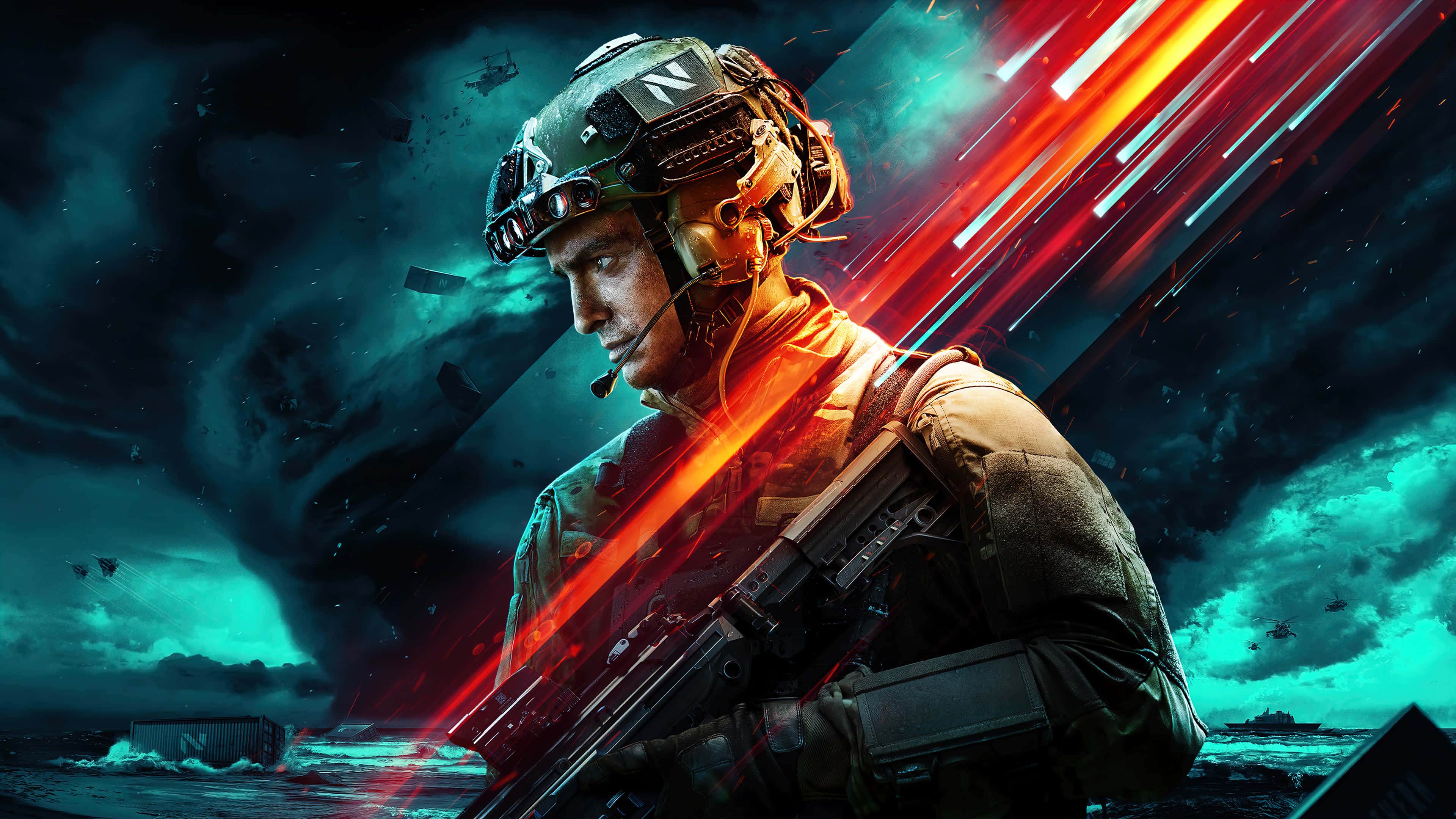 FPS, combat gear, stormy teal and red-lit battlefield, 4K Desktop Wallpaper