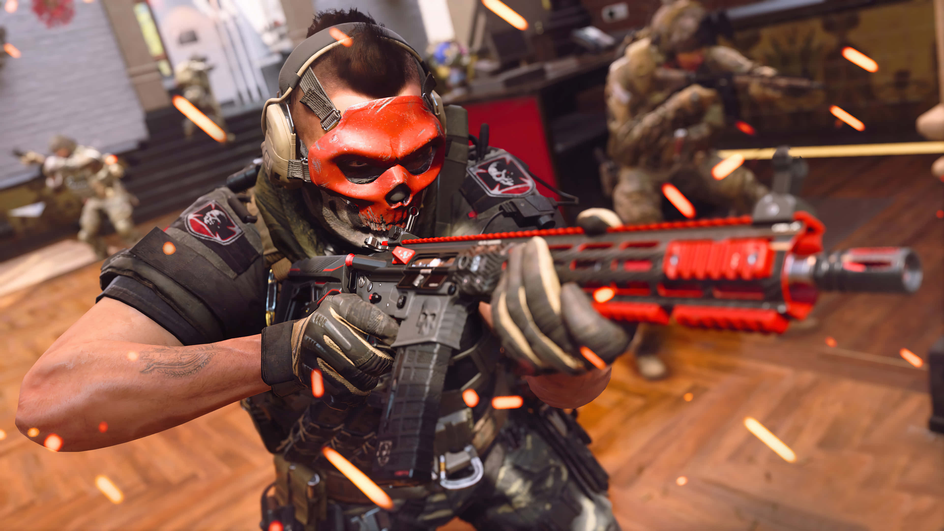 red skull mask, glowing red rifle, chaotic indoor combat scene, 4K Desktop Wallpaper