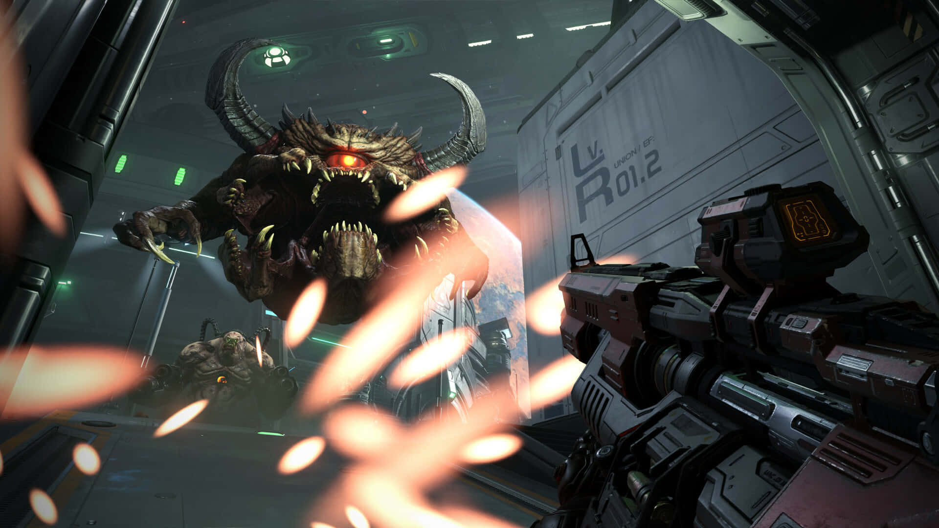 FPS, monstrous horned creature, glowing red eyes, Full HD Desktop Wallpaper