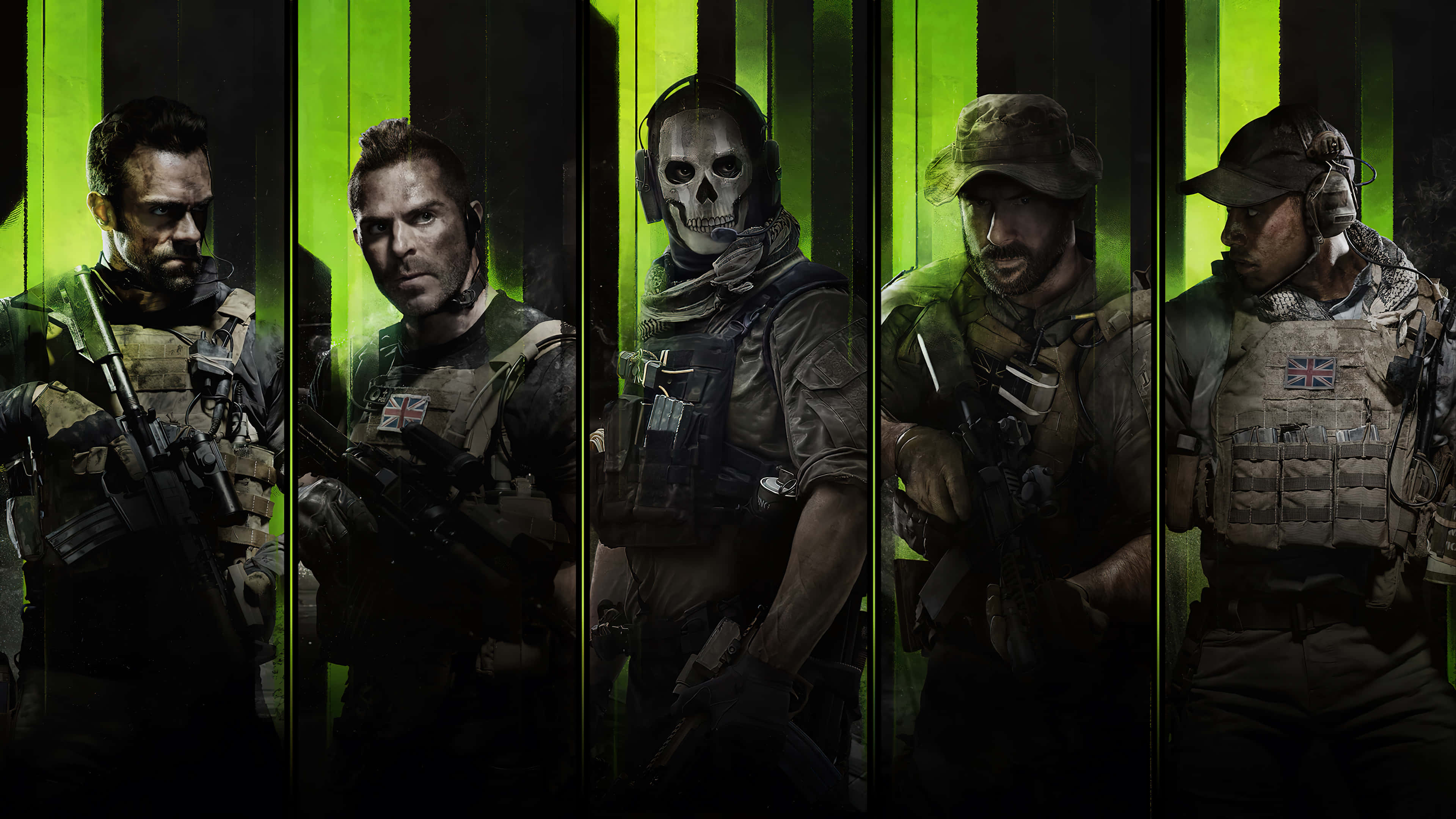 FPS, tactical gear, dark vertical green-lit panels, 4K Desktop Wallpaper