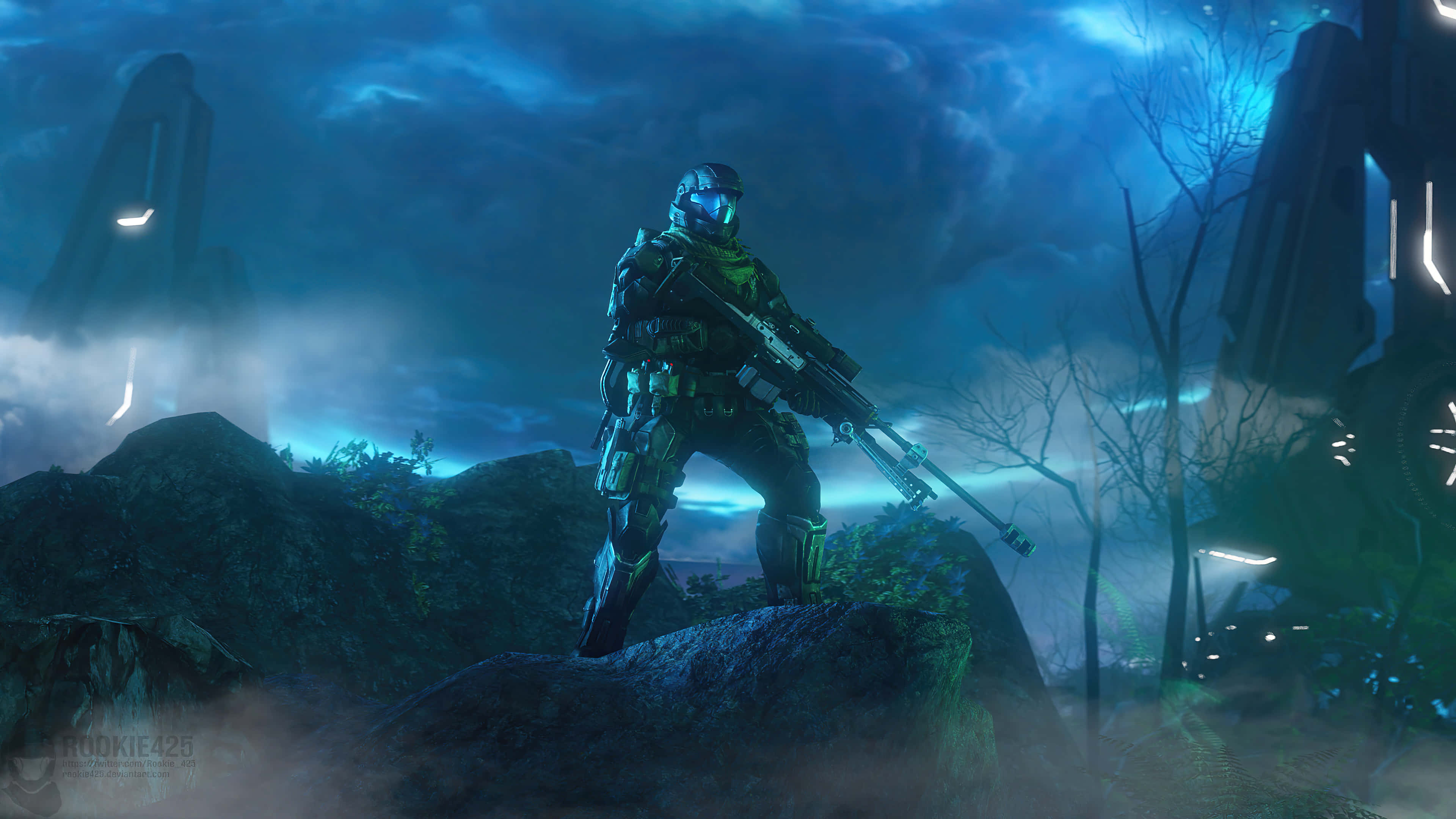 FPS, glowing armor, stormy blue sky, 4K Desktop Wallpaper