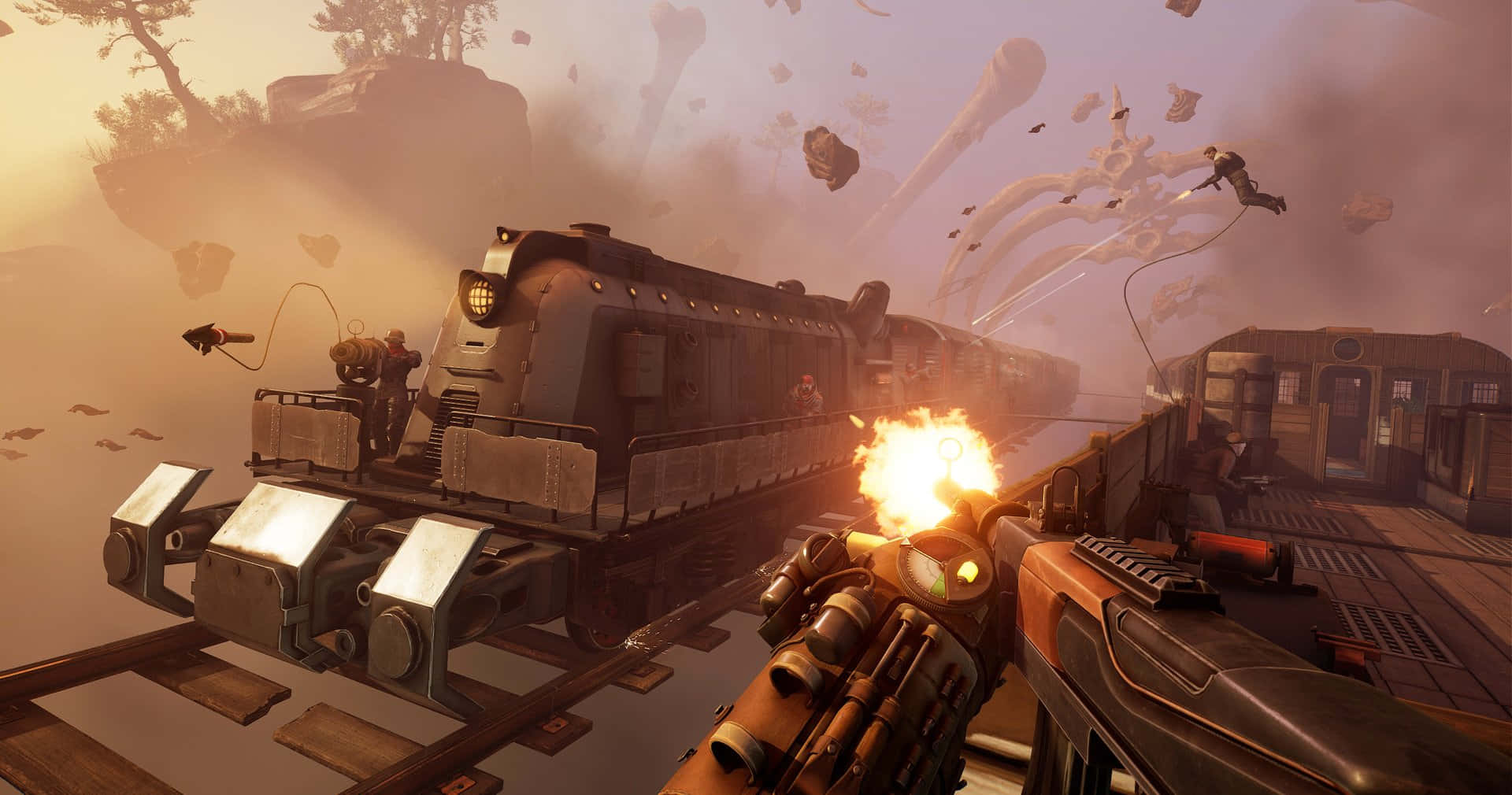 first-person shooter, steam train, giant bone-like creatures, Full HD Desktop Wallpaper