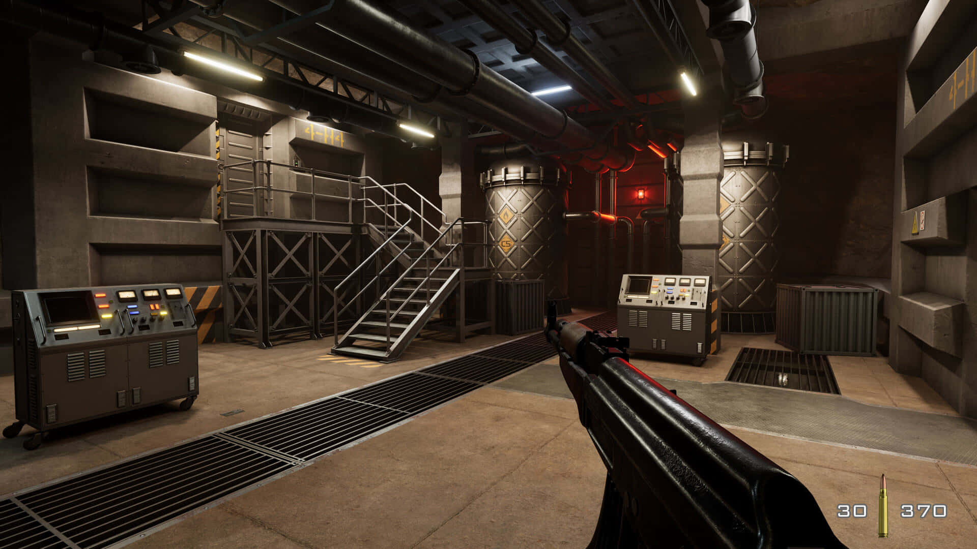 First-person view, gritty industrial control room, exposed pipes, Full HD Desktop Wallpaper