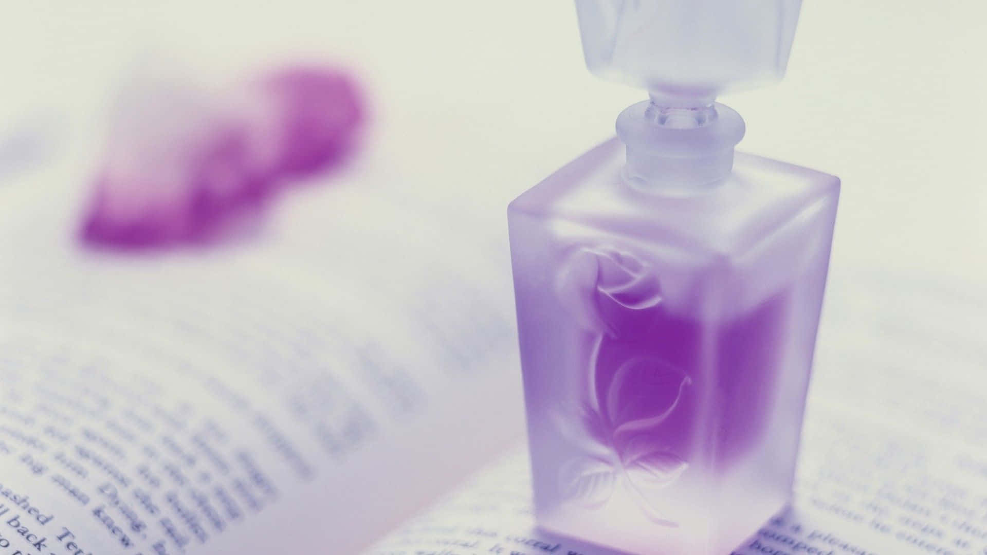 frosted purple perfume bottle, floral etching, open book, Full HD Desktop Wallpaper