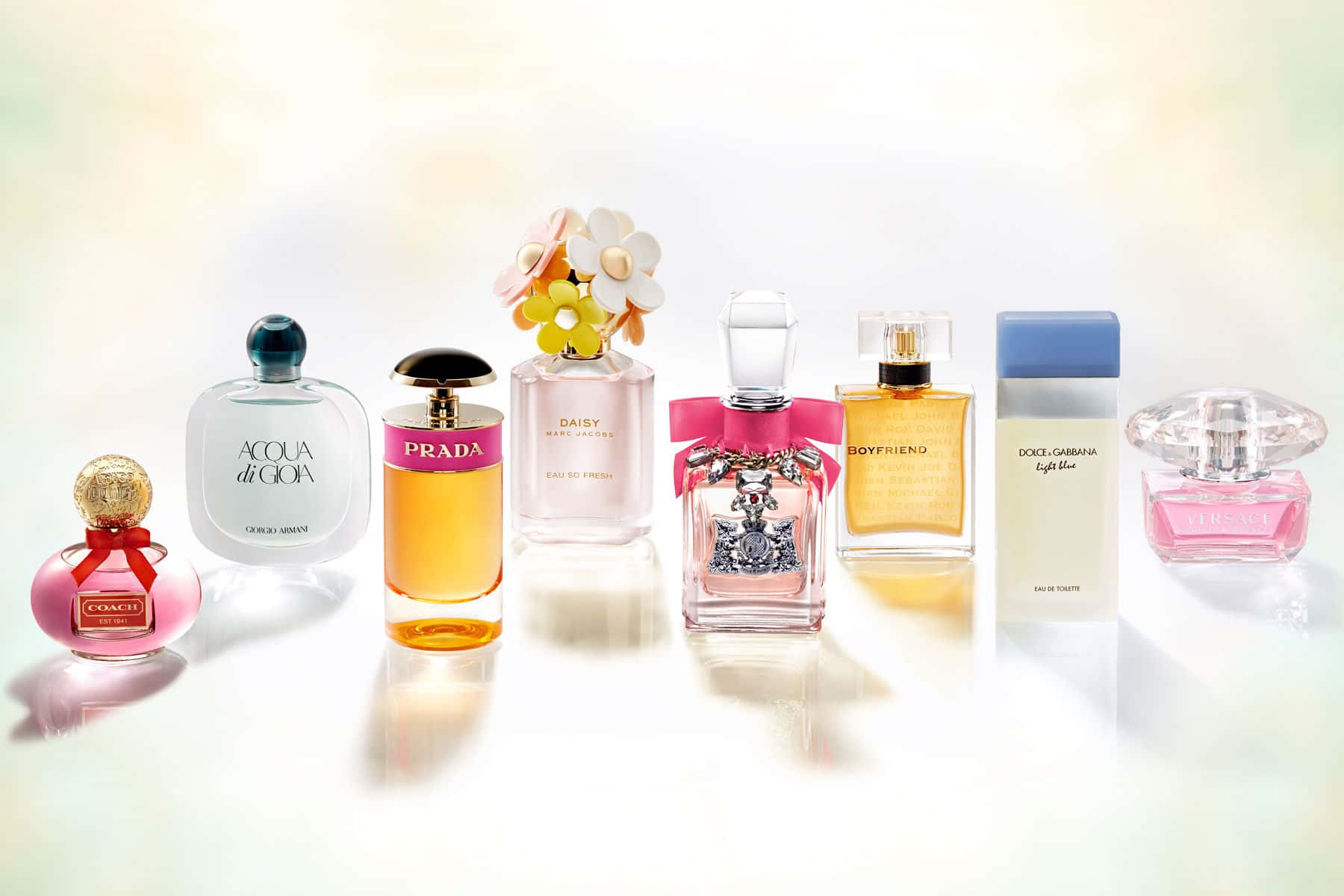 fragrance, luxury perfume bottles, reflective surface, HD Desktop Wallpaper