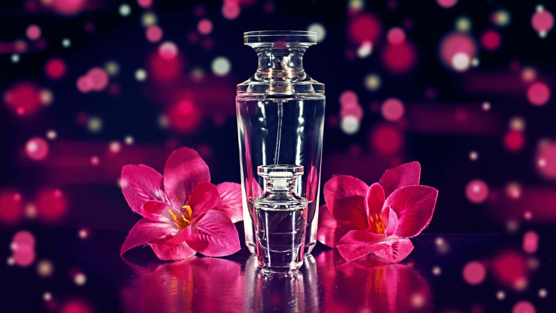 fragrance, clear glass perfume bottle, vibrant pink orchids, Full HD Desktop Wallpaper