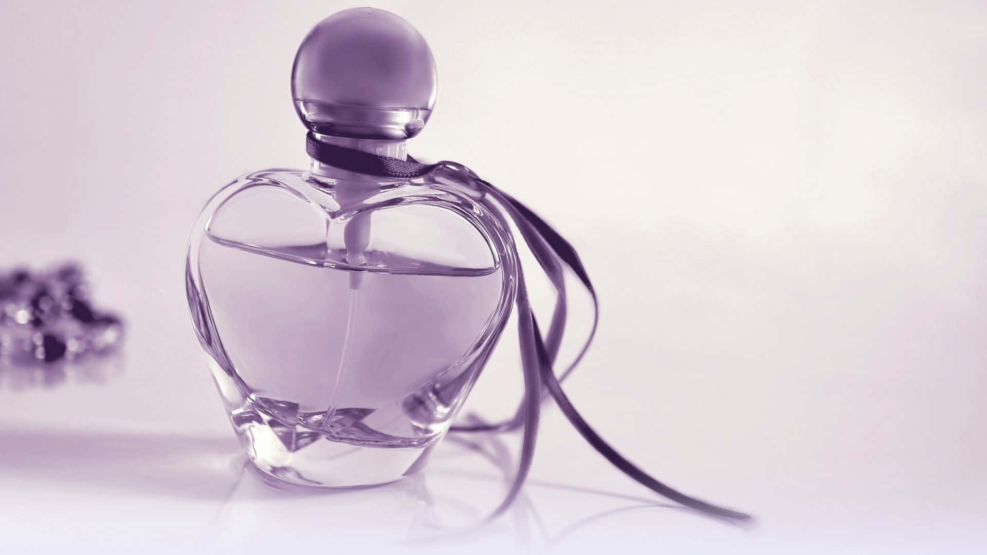 heart-shaped glass perfume bottle, purple ribbon, white surface, Full HD Desktop Wallpaper