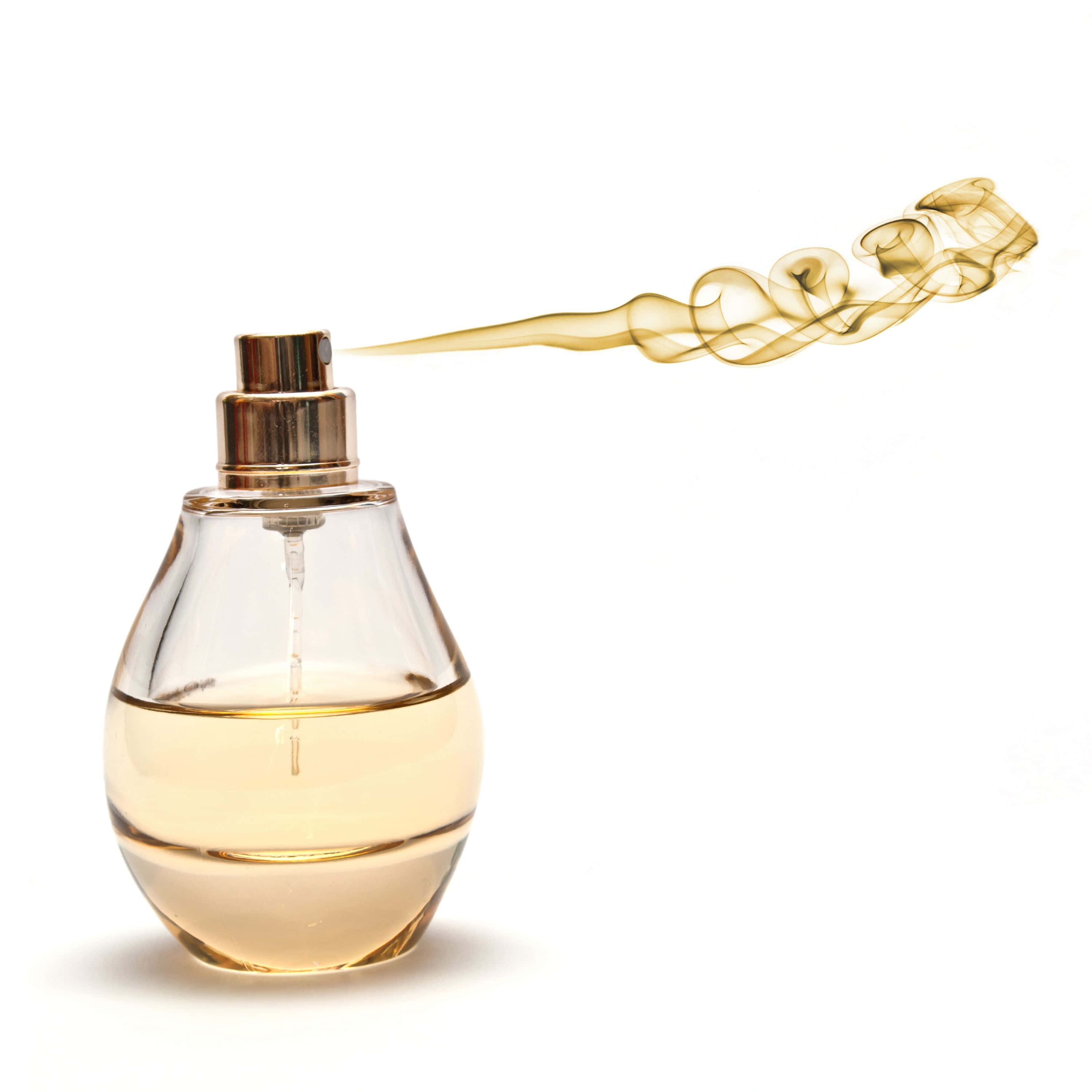 fragrance 3000, clear glass perfume bottle, gold cap, 2K Desktop Wallpaper