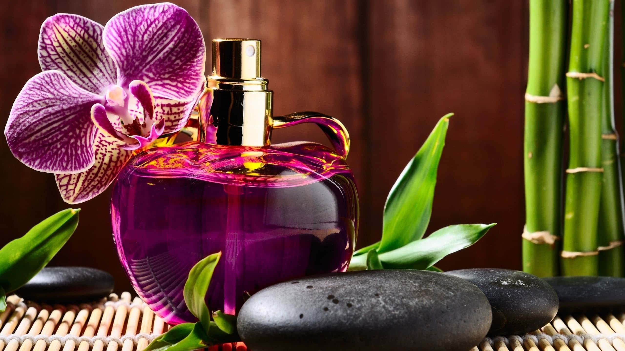 Fragrance, vibrant purple perfume bottle, pink orchid, 2K Desktop Wallpaper