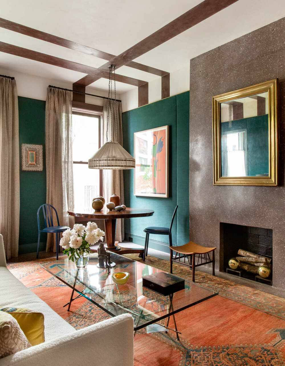 rectangular golden frame mirror, teal walls, wooden beams, HD Phone Wallpaper
