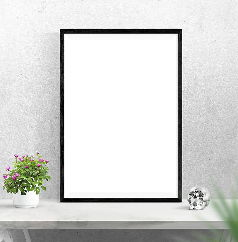 black picture frame, blank white canvas, marble shelf, SD Phone Wallpaper