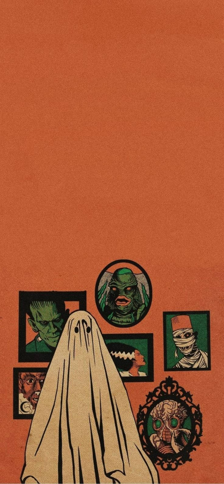 Ghost Cool Vibes, white sheet, framed portraits of classic horror monsters, HD Phone Wallpaper