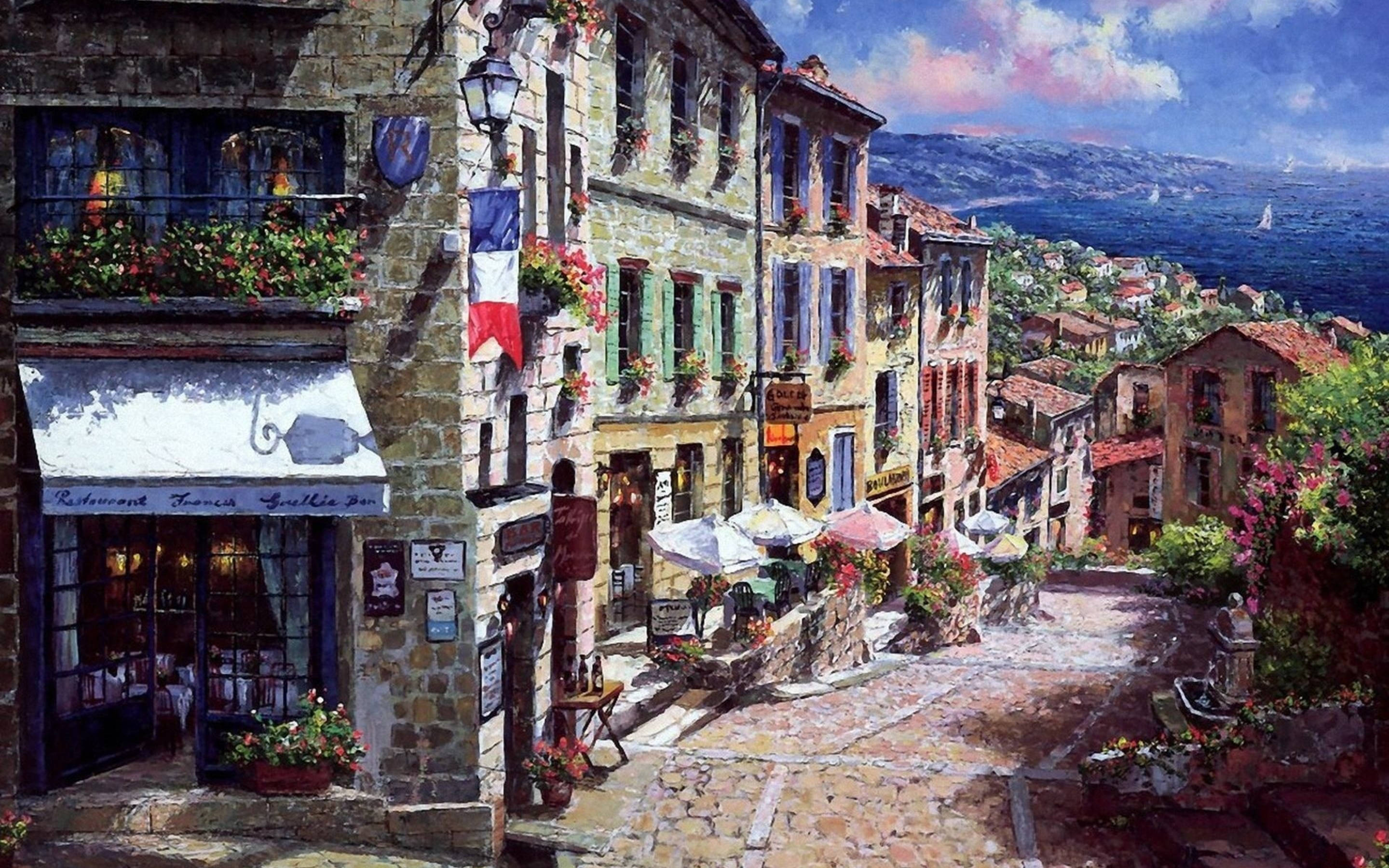 France flag, vibrant painted village street, stone buildings, 2K Desktop Wallpaper