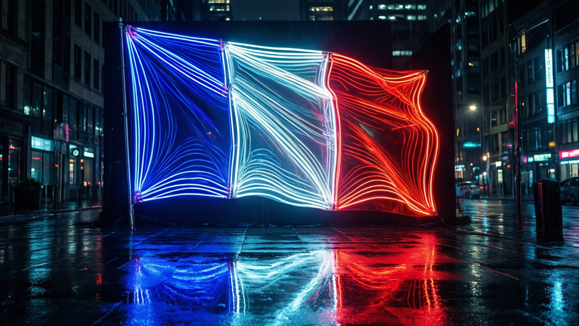neon tube flag, blue white and red neon lights, wet city street, Full HD Desktop Wallpaper
