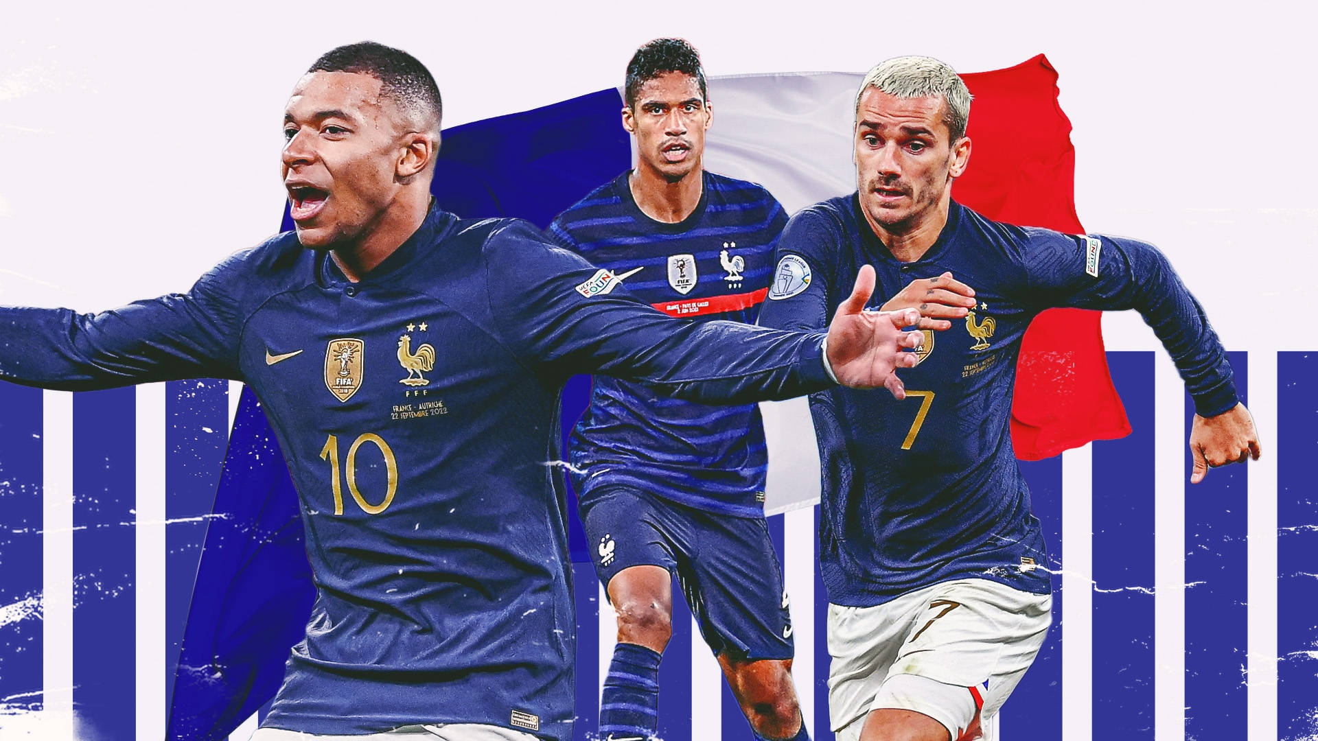 France National Football Team, blue jerseys, stylized French flag backdrop, Full HD Desktop Wallpaper