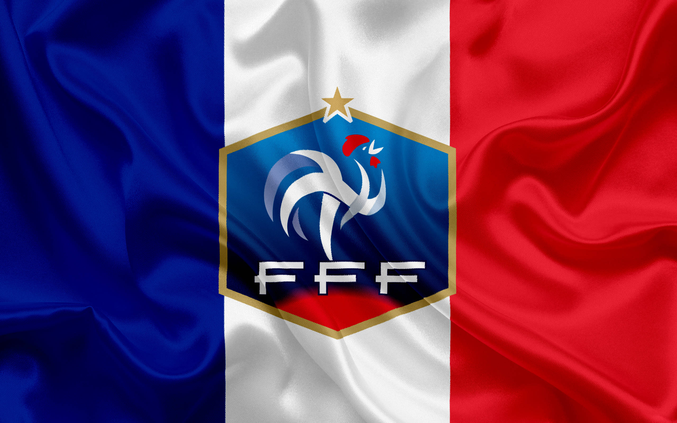 France National Football Team, rooster logo, tricolor flag, 2K Desktop Wallpaper