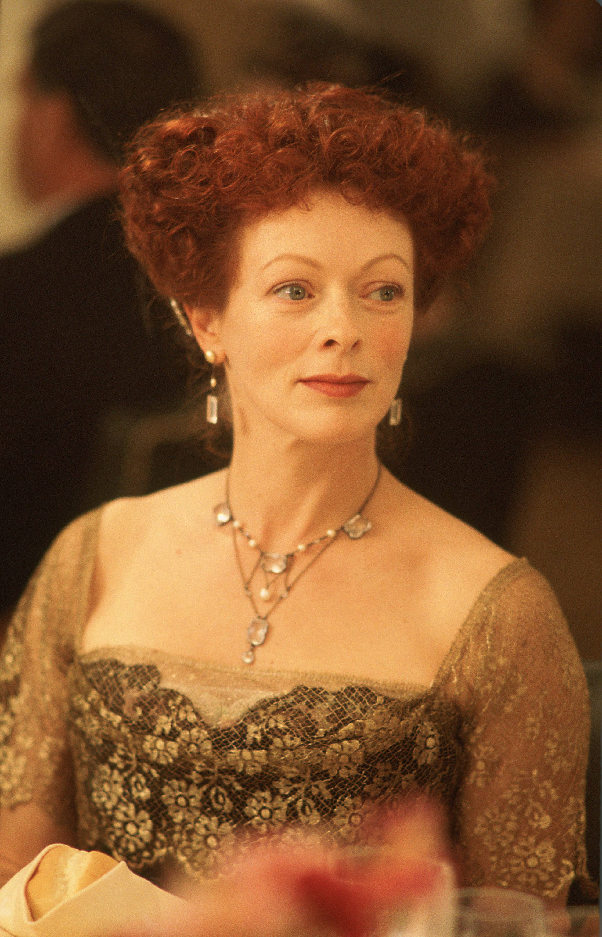 Frances Fisher, vibrant red curls, elegant lace gown, 2K Phone Wallpaper