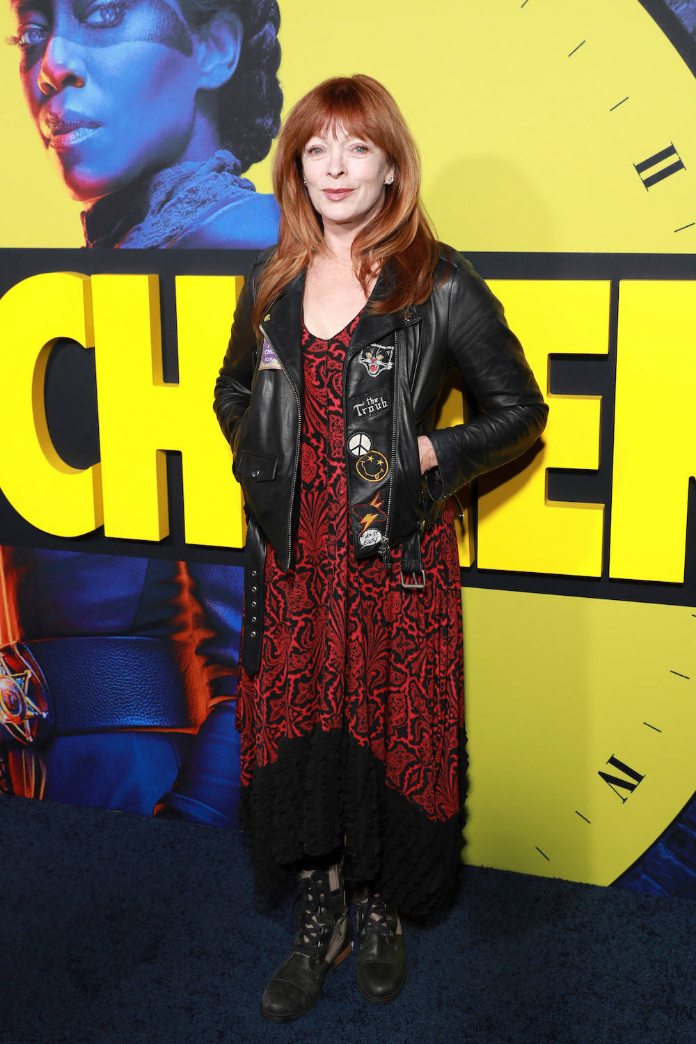 Frances Fisher, black leather jacket, patterned red dress, HD Phone Wallpaper