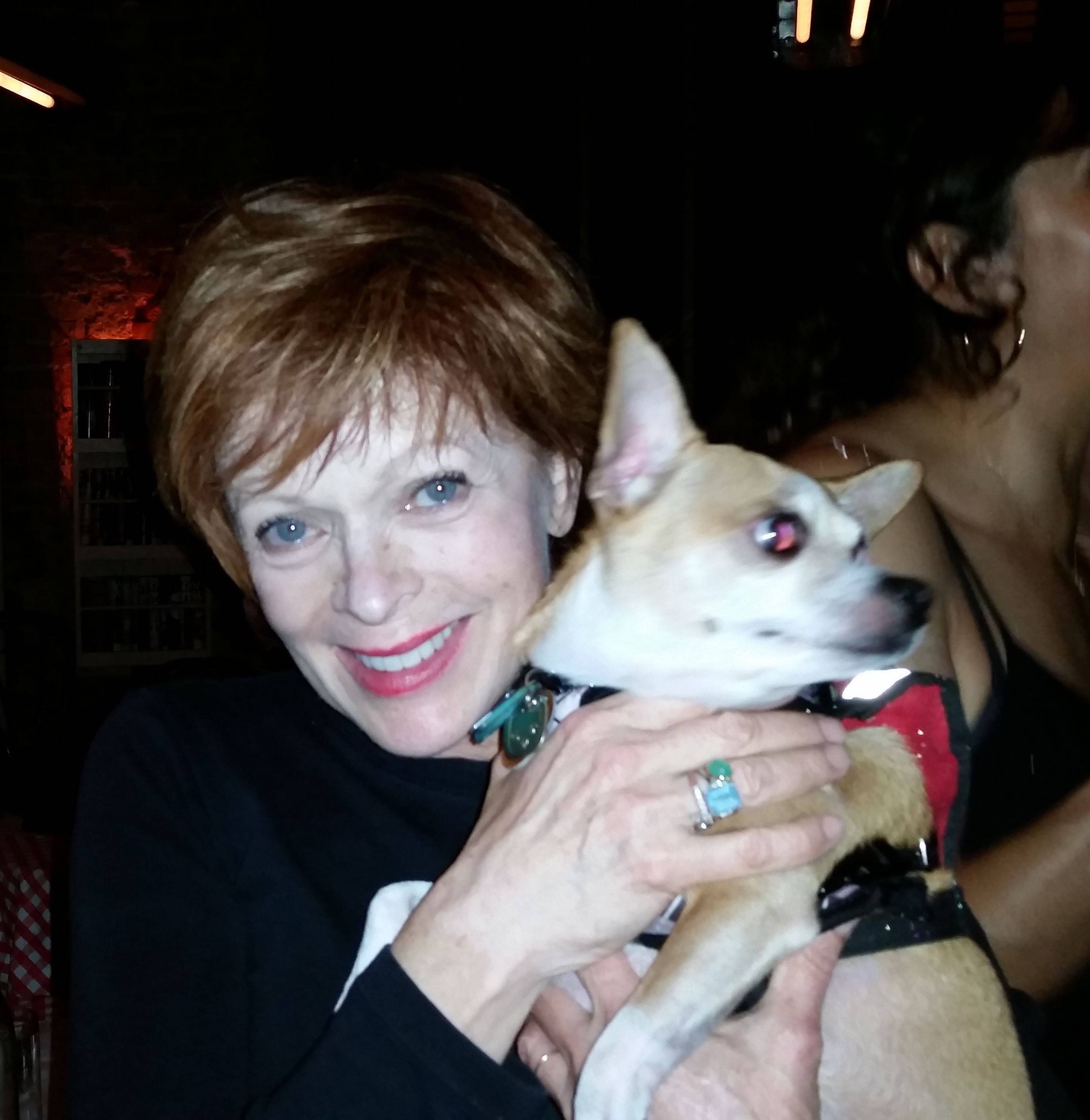 Frances Fisher, short red hair, small tan dog, 2K Phone Wallpaper