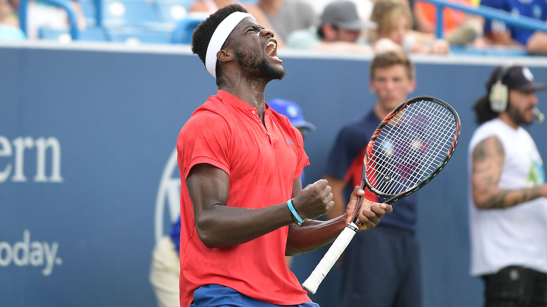 Frances Tiafoe, red shirt, racket, Full HD Desktop Wallpaper