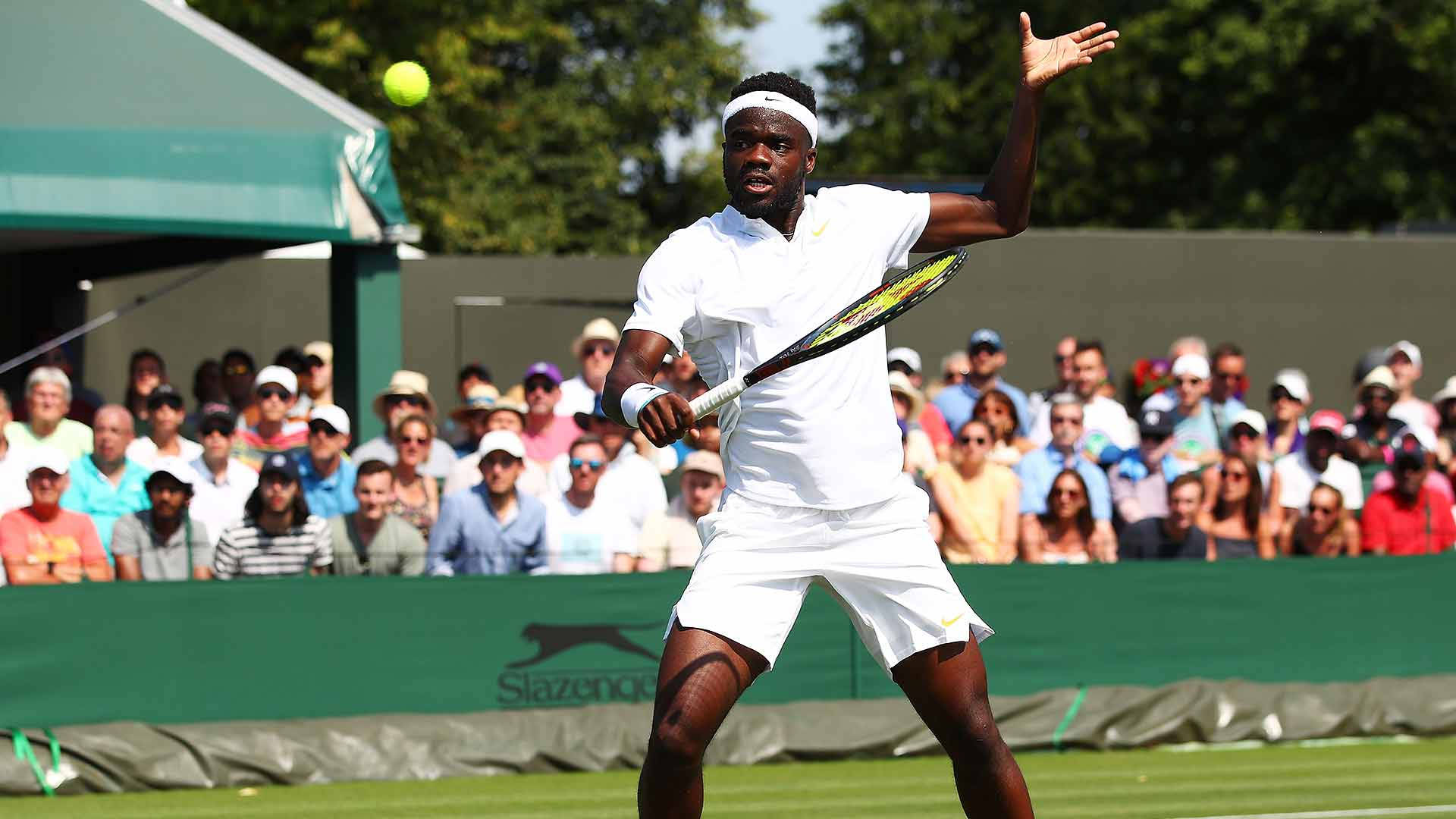 Frances Tiafoe, white gear, yellow ball, Full HD Desktop Wallpaper