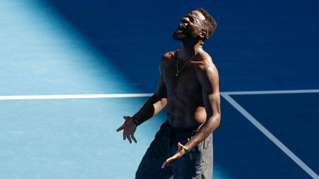 Frances Tiafoe, tennis player, vibrant blue court, SD Desktop Wallpaper
