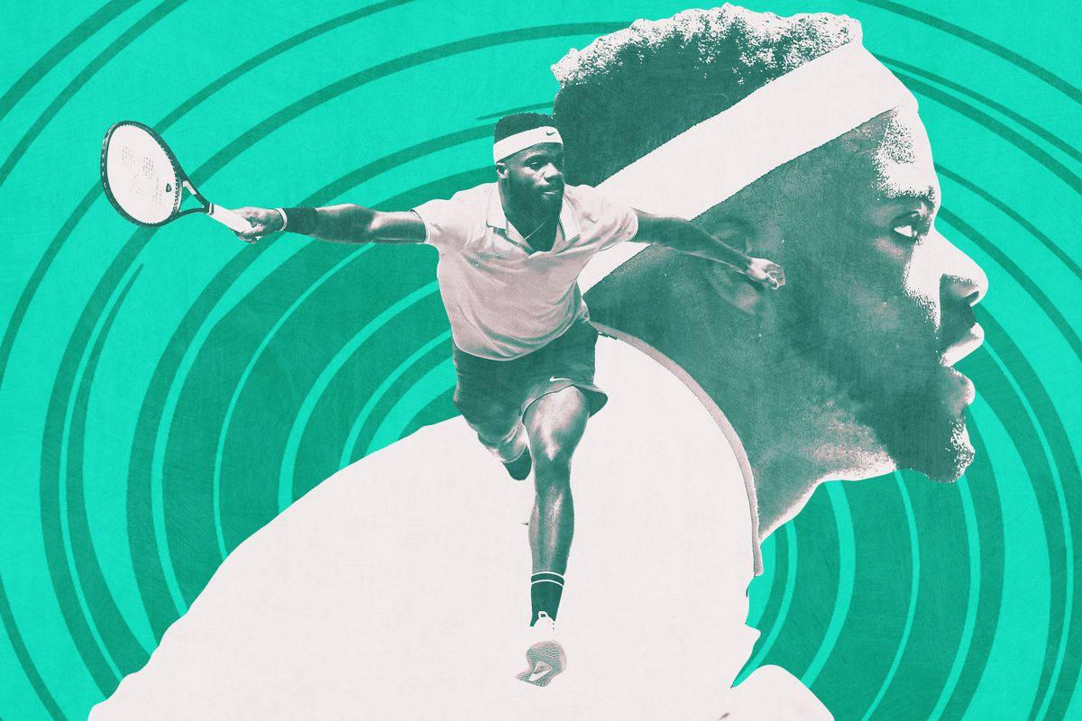 Frances Tiafoe, one-handed forehand volley, teal spiral background, SD Desktop Wallpaper