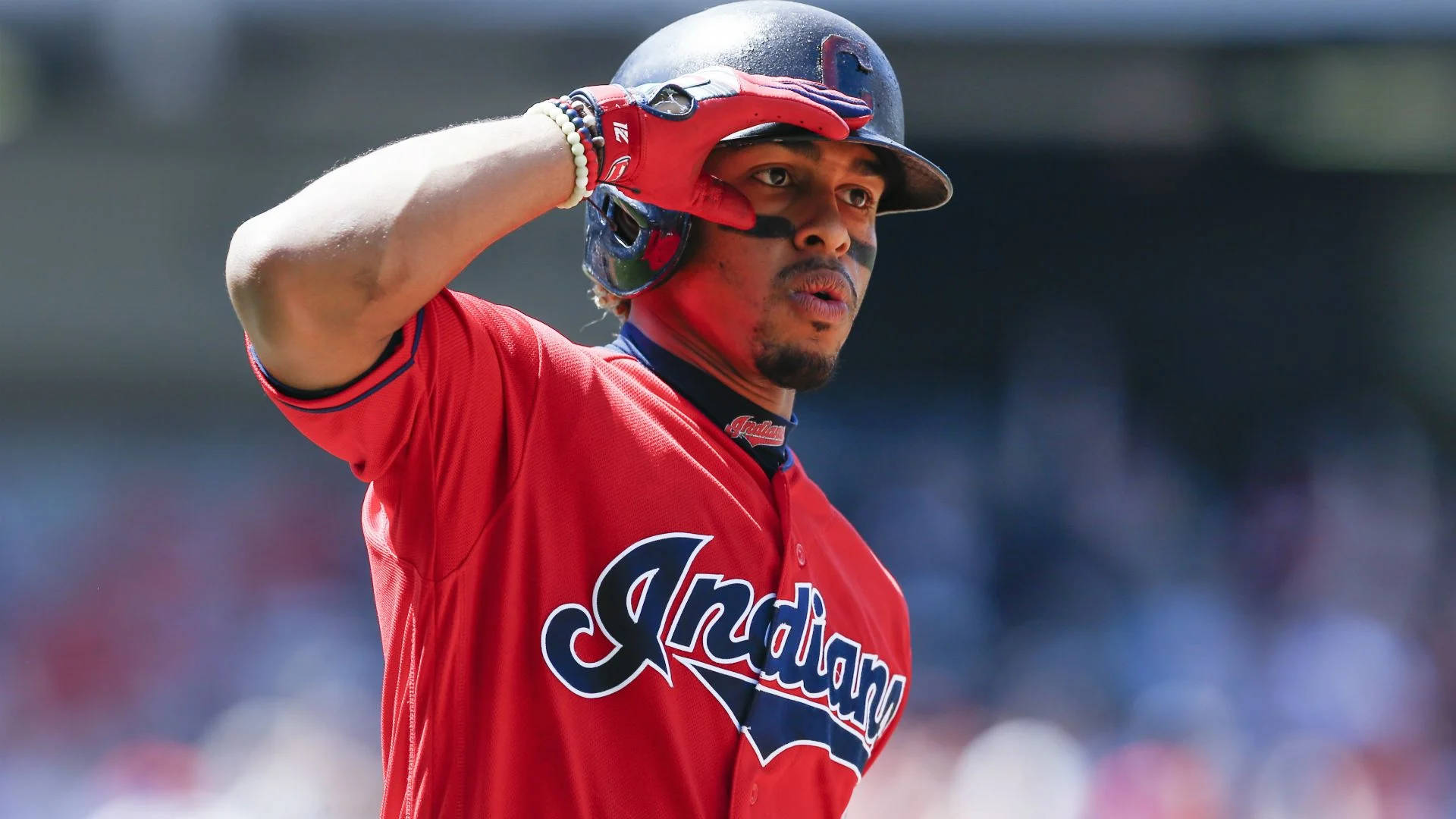 Francisco Lindor, red Indians jersey, bright stadium lights, Full HD Desktop Wallpaper