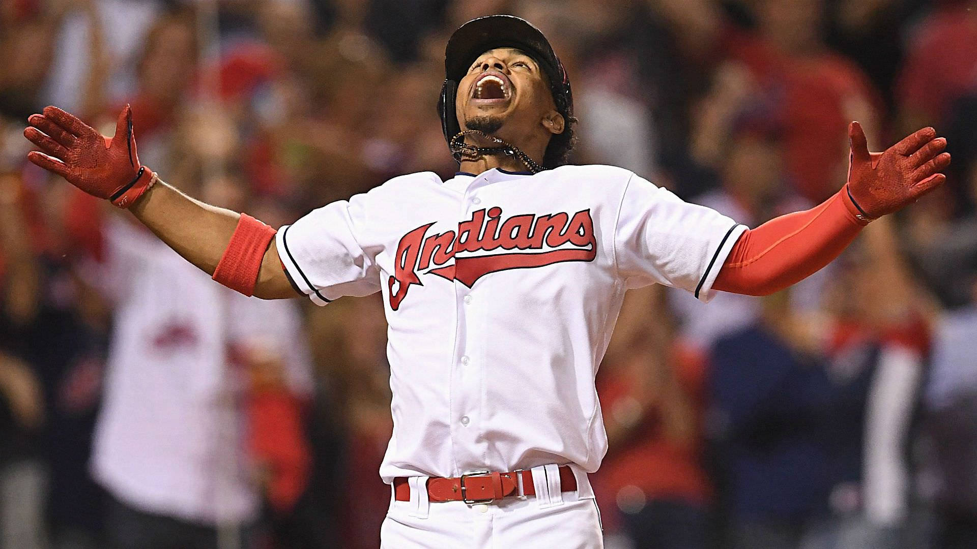 Francisco Lindor, white Indians uniform, red accents, Full HD Desktop Wallpaper