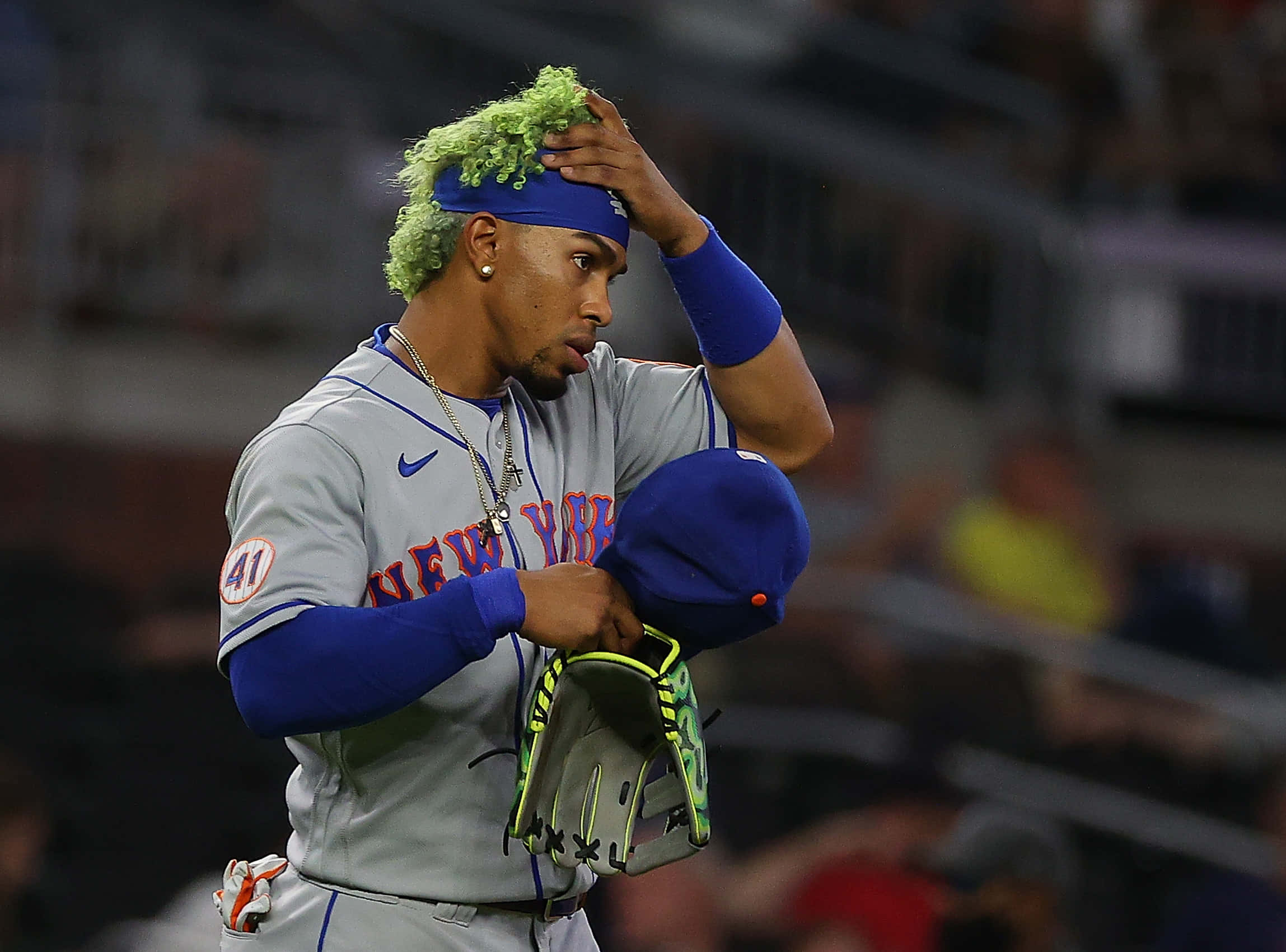 Francisco Lindor, bright green curly hair, blue headband, Full HD Desktop Wallpaper