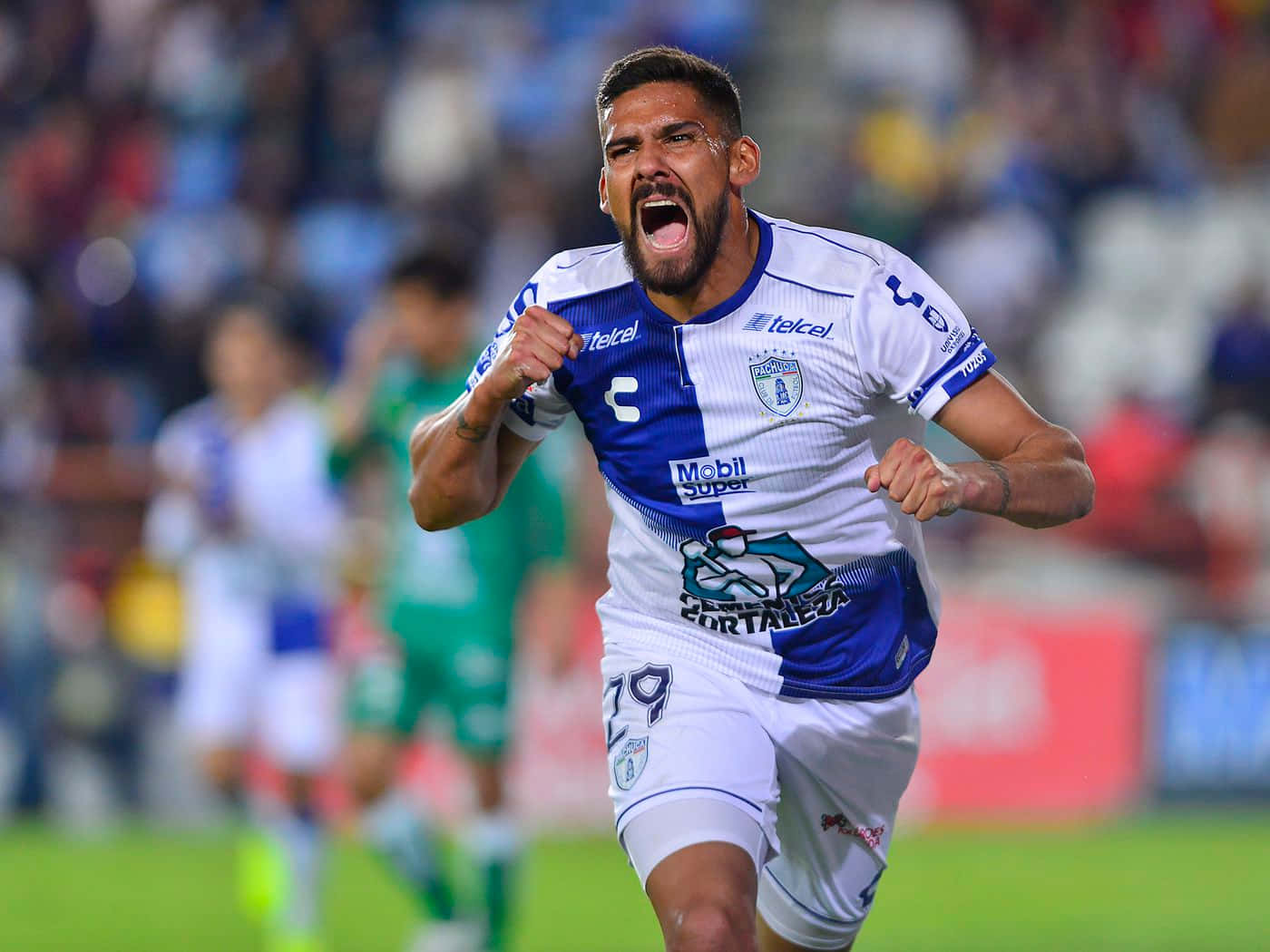 Franco Jara, blue and white jersey, vibrant green field, HD Desktop Wallpaper