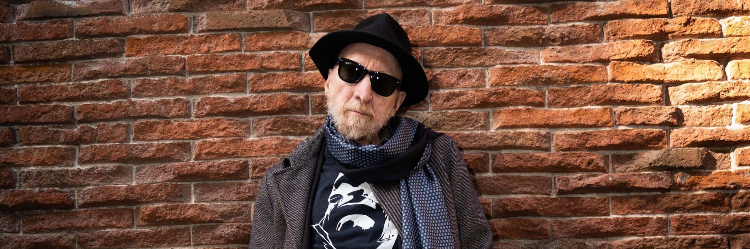 Frank Miller, textured red brick wall, hat, 2K Desktop Wallpaper