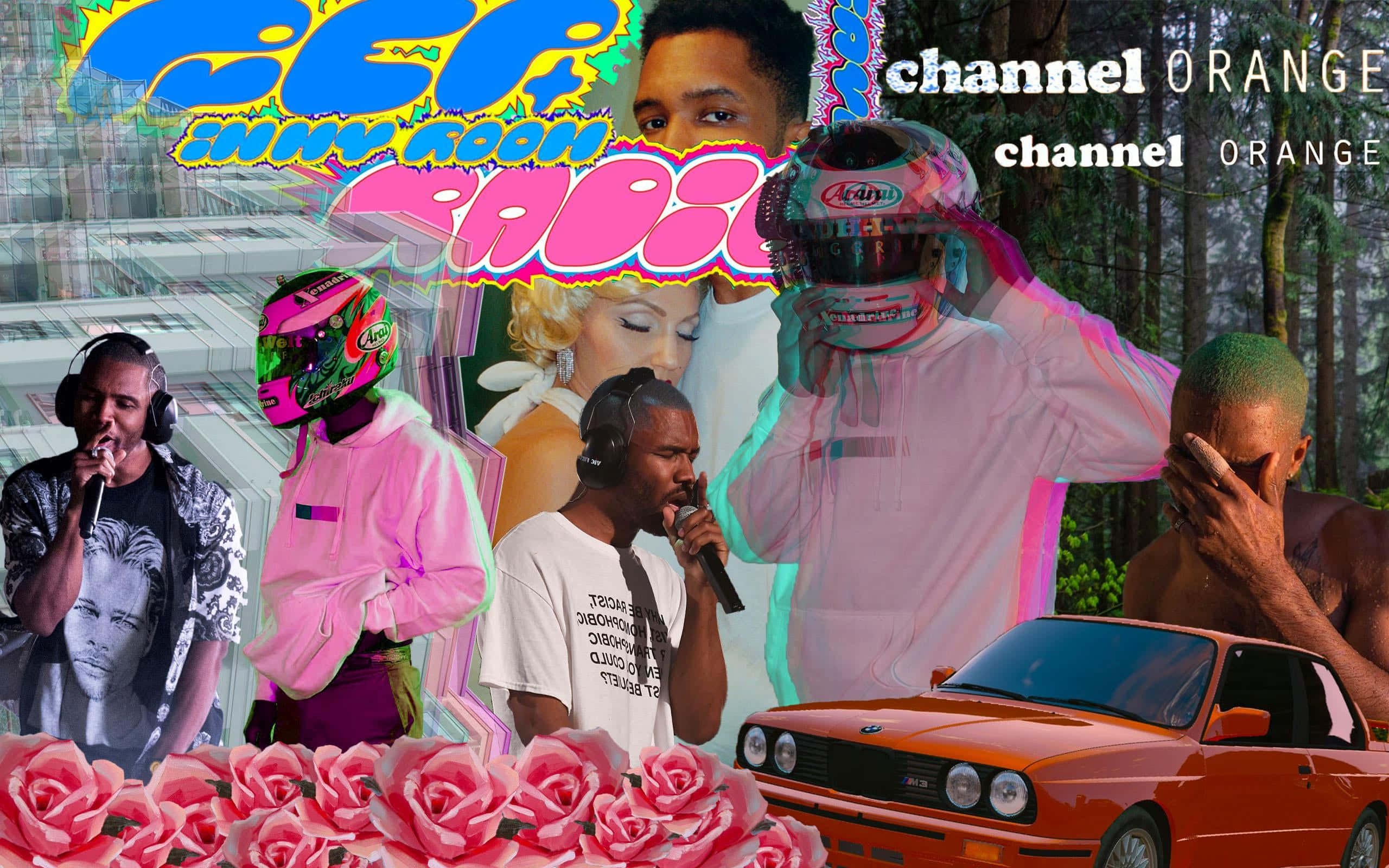 Frank Ocean, laptop, neon text overlays, 2K Desktop Wallpaper