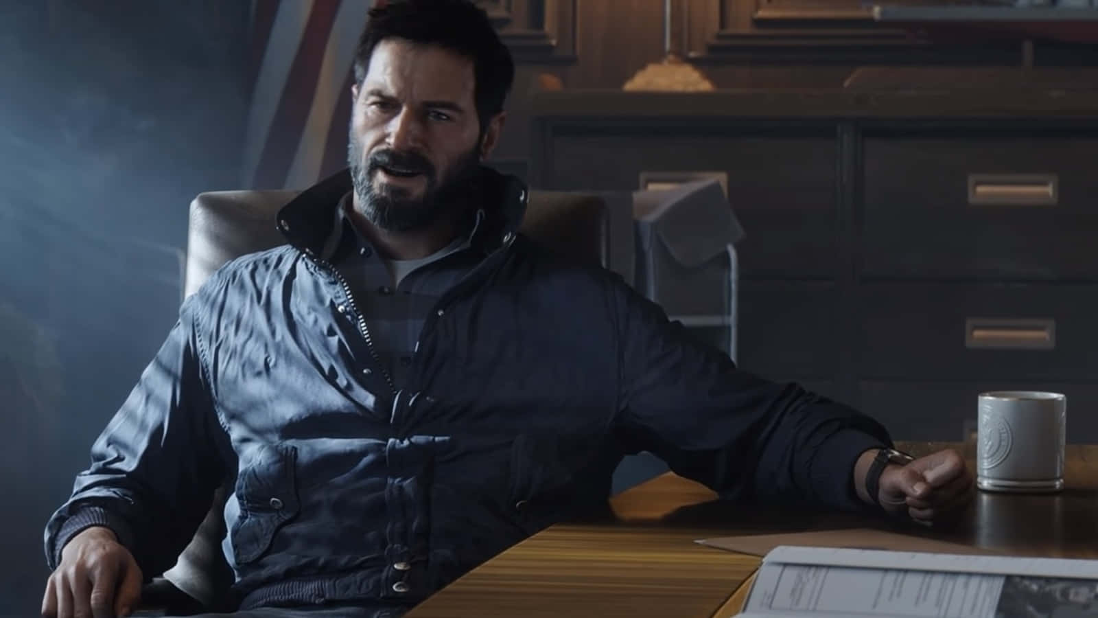 Frank Woods, dark jacket, wooden desk, HD Desktop Wallpaper