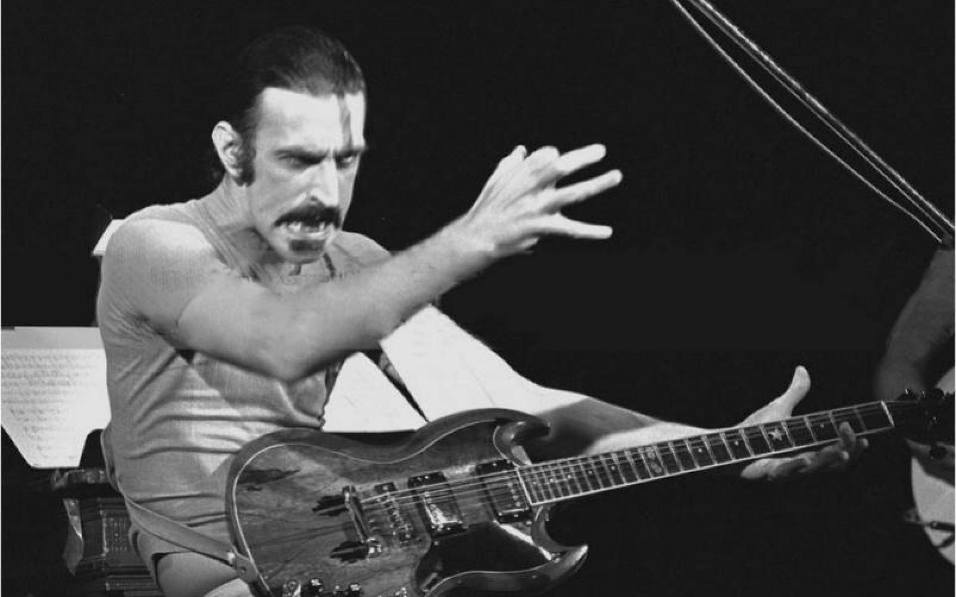 Frank Zappa, electric guitar, black and white photo, Full HD Desktop Wallpaper