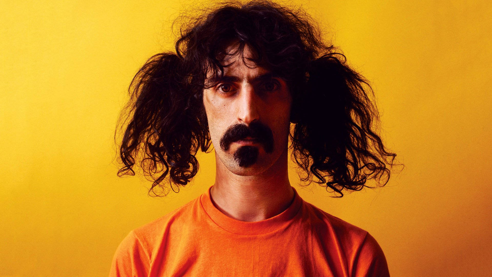 Frank Zappa, pigtails, vibrant yellow background, Full HD Desktop Wallpaper