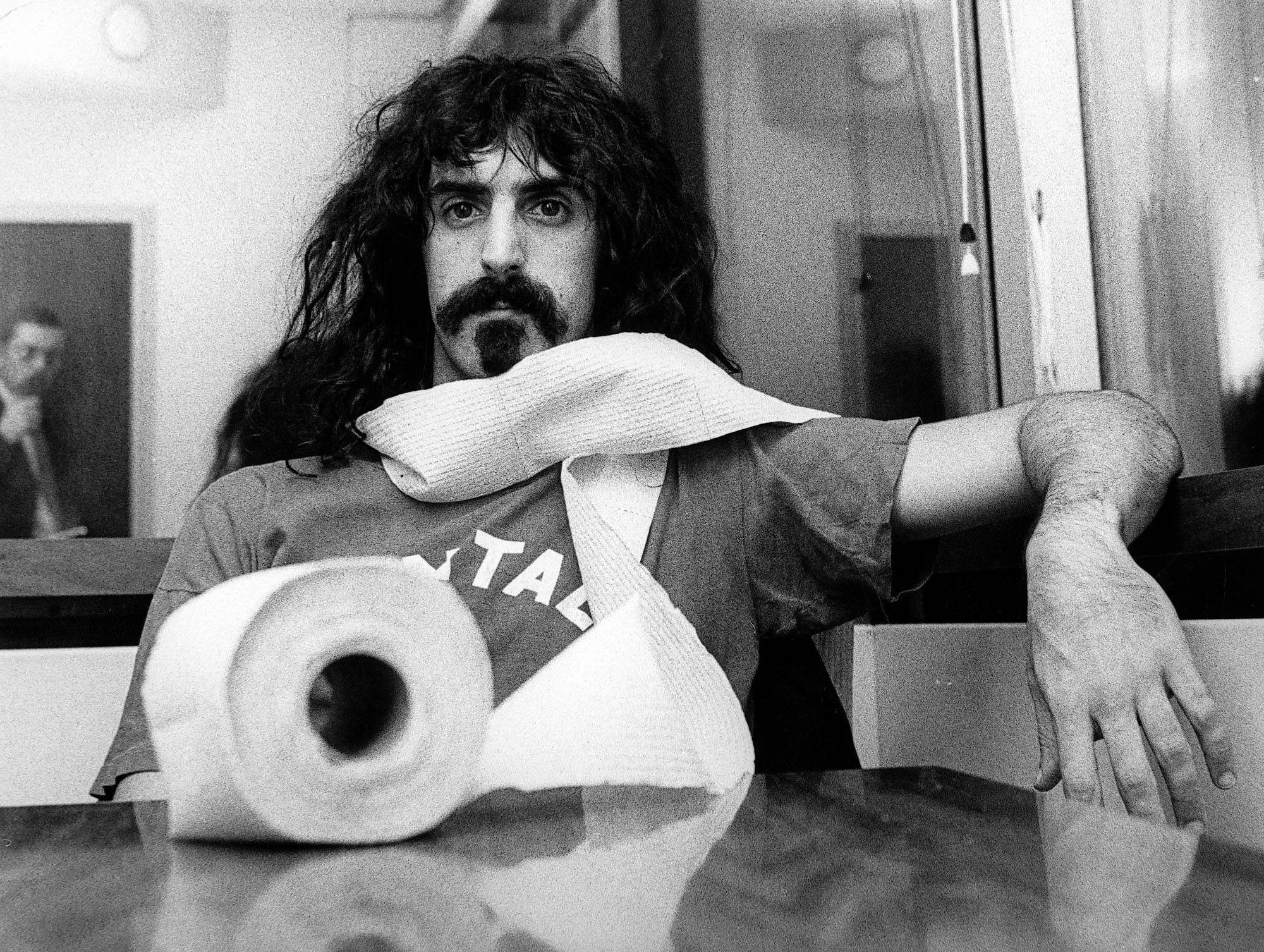 Frank Zappa, bandage roll, black and white portrait, Full HD Desktop Wallpaper