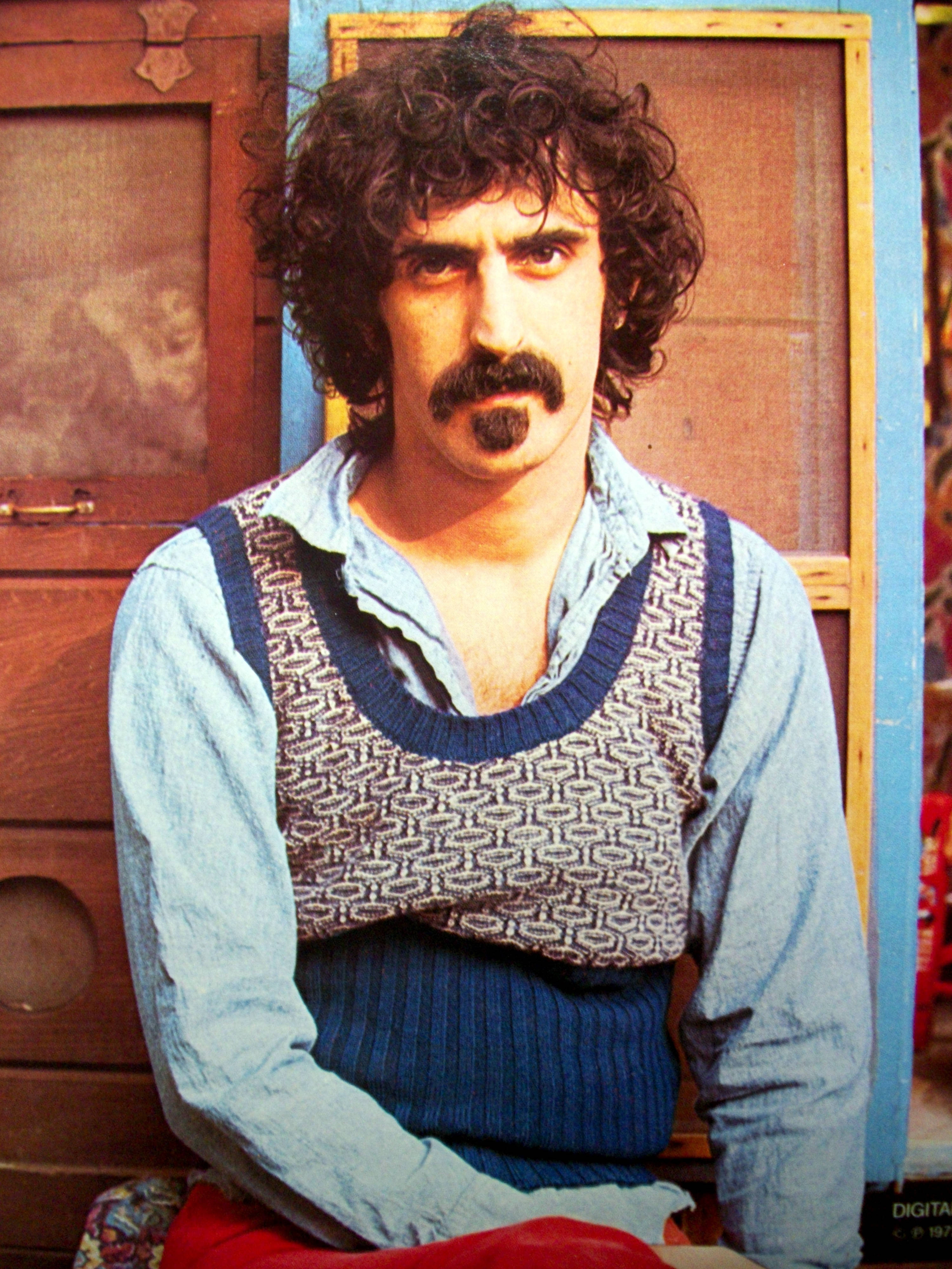 Frank Zappa, blue patterned vest, light blue shirt, 4K Phone Wallpaper