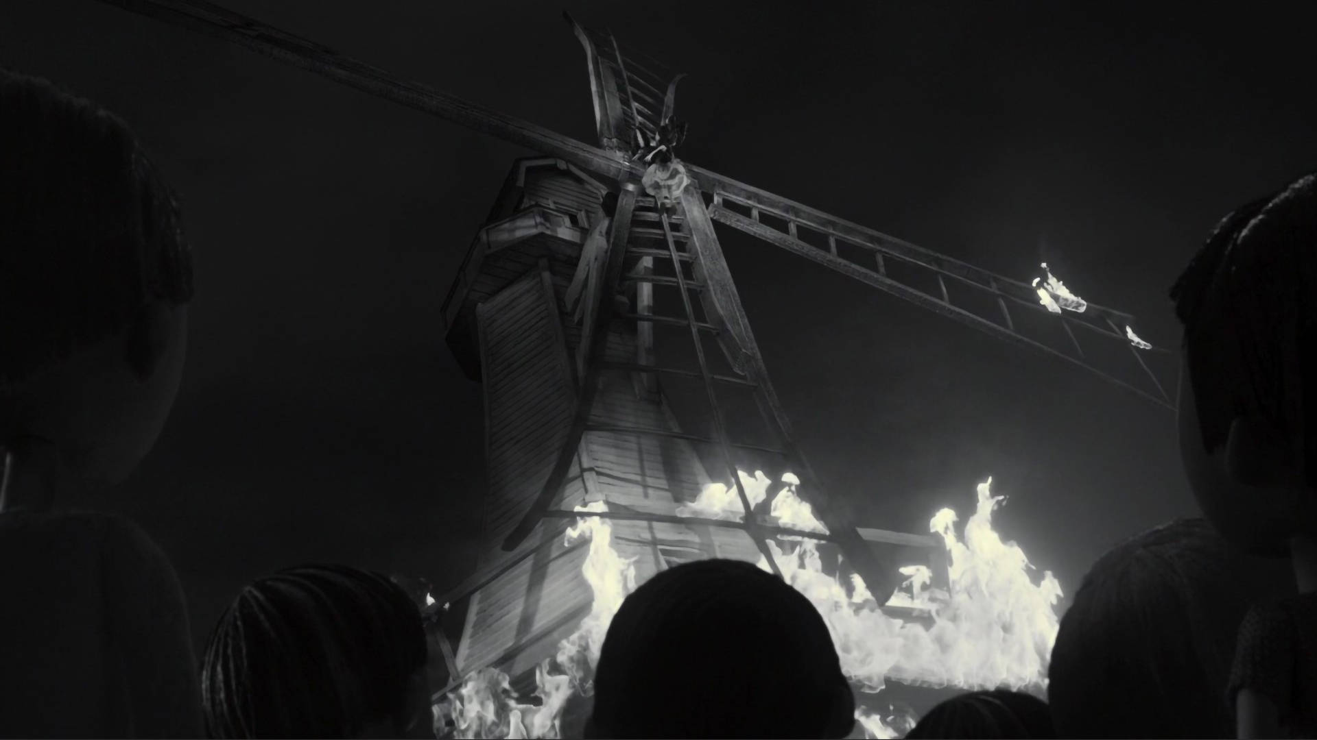 Frankenweenie, burning windmill, night, Full HD Desktop Wallpaper