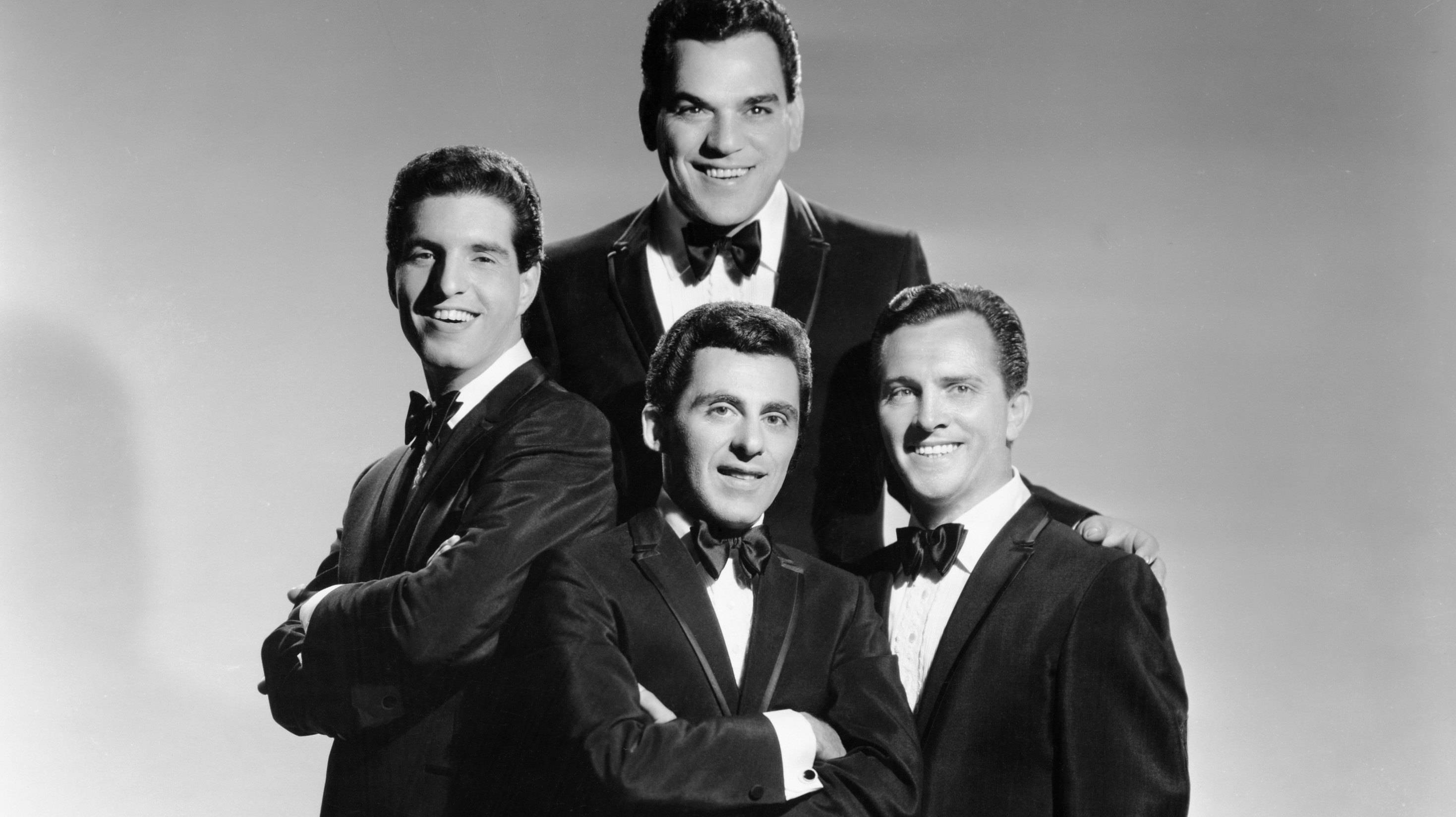 Frankie Valli And The Four Seasons, tuxedos, black-and-white portrait, 2K Desktop Wallpaper